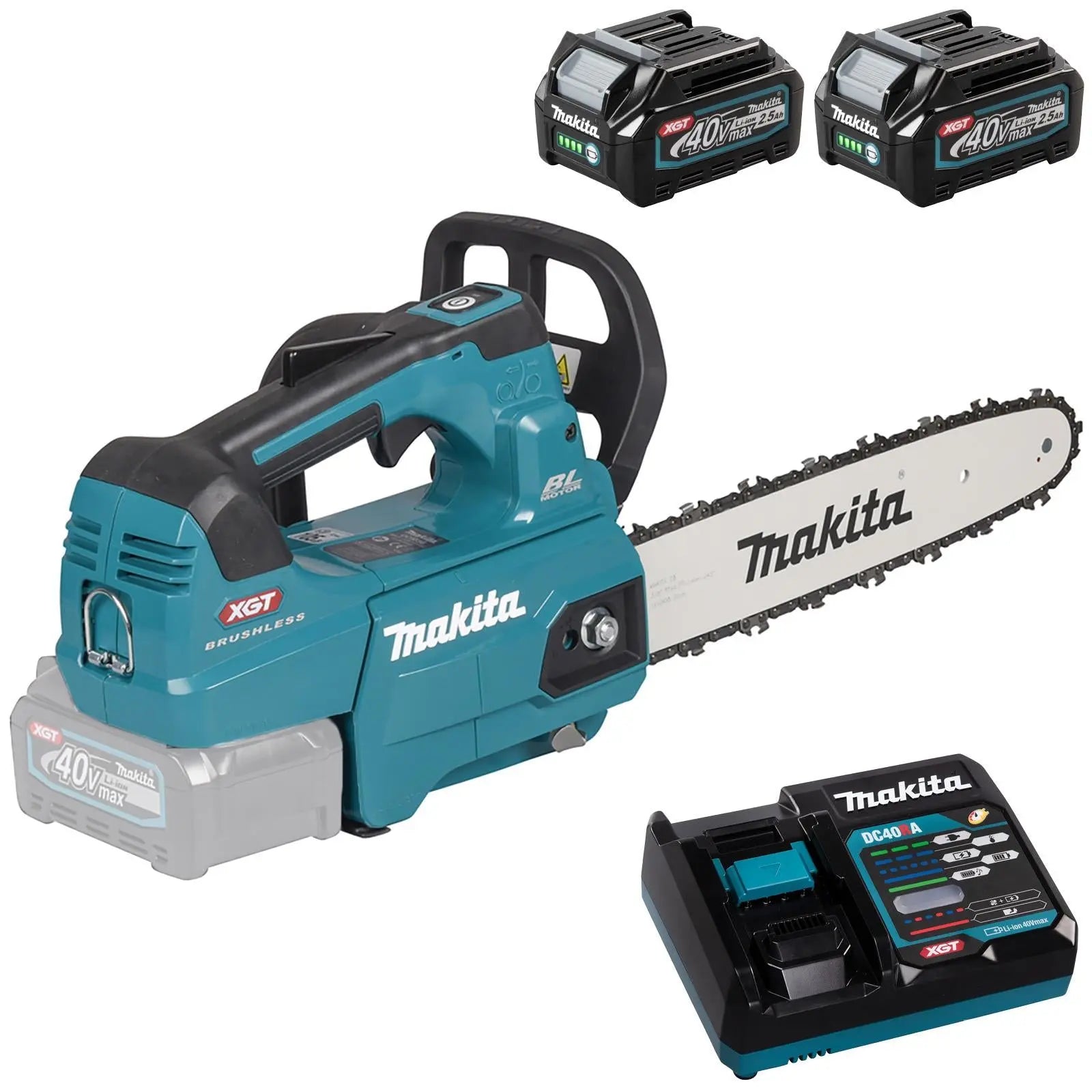 Makita Chainsaw Kit 30cm 12" 40V XGT Brushless Cordless Top Handle 2 x 2.5Ah Battery and Rapid Charger Garden Tree Cutting Pruning UC003GD202  White Rose Tools