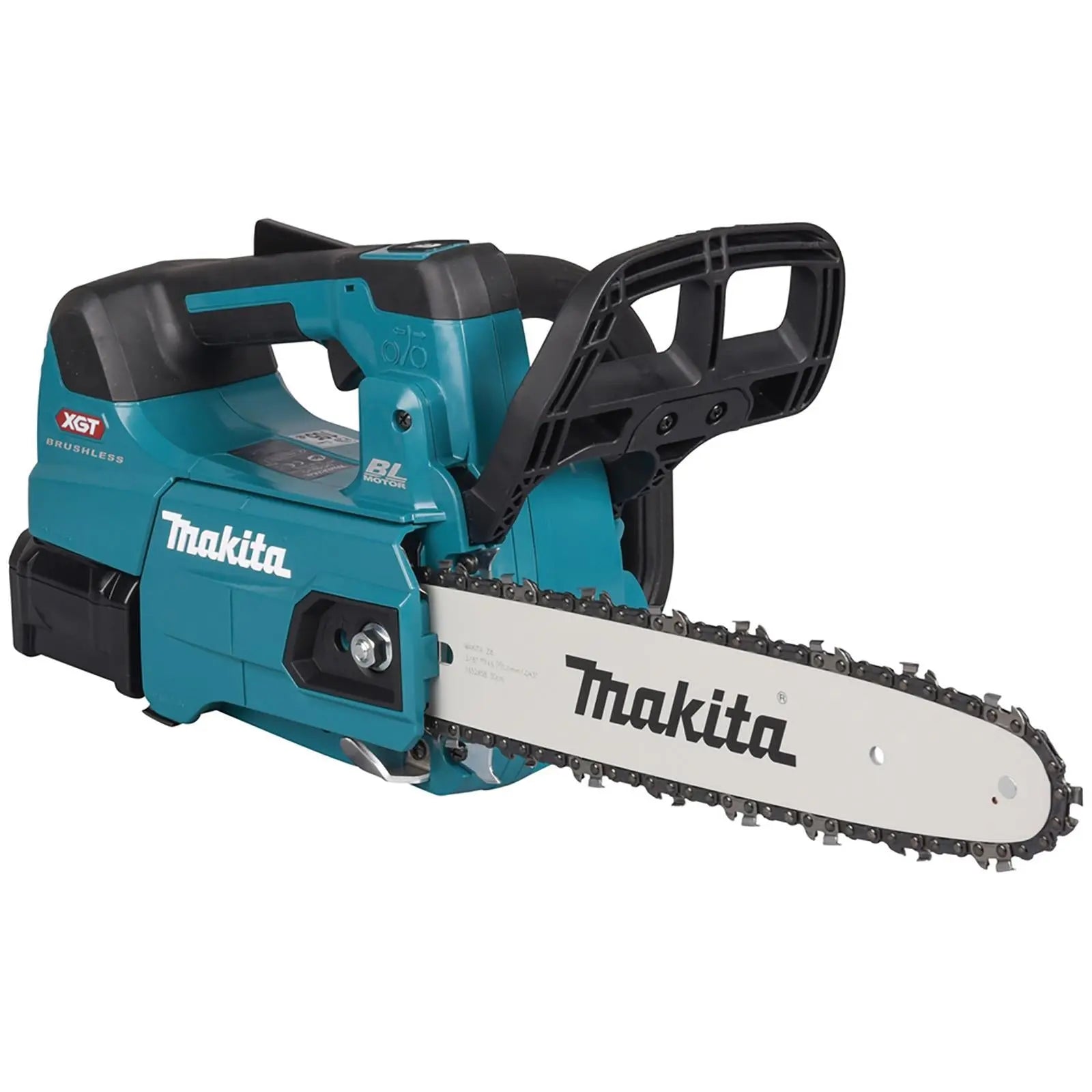 Makita Chainsaw Kit 30cm 12" 40V XGT Brushless Cordless Top Handle 2 x 2.5Ah Battery and Rapid Charger Garden Tree Cutting Pruning UC003GD202  White Rose Tools