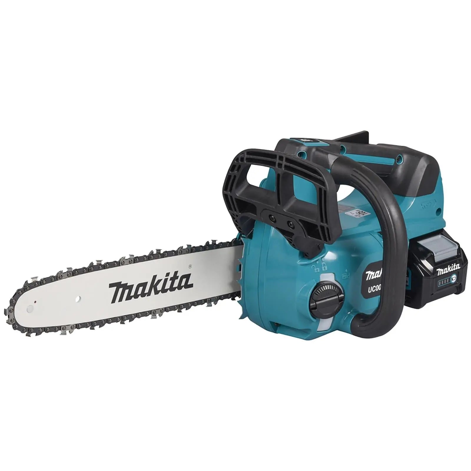 Makita Chainsaw Kit 30cm 12" 40V XGT Brushless Cordless Top Handle 2 x 2.5Ah Battery and Rapid Charger Garden Tree Cutting Pruning UC003GD202  White Rose Tools