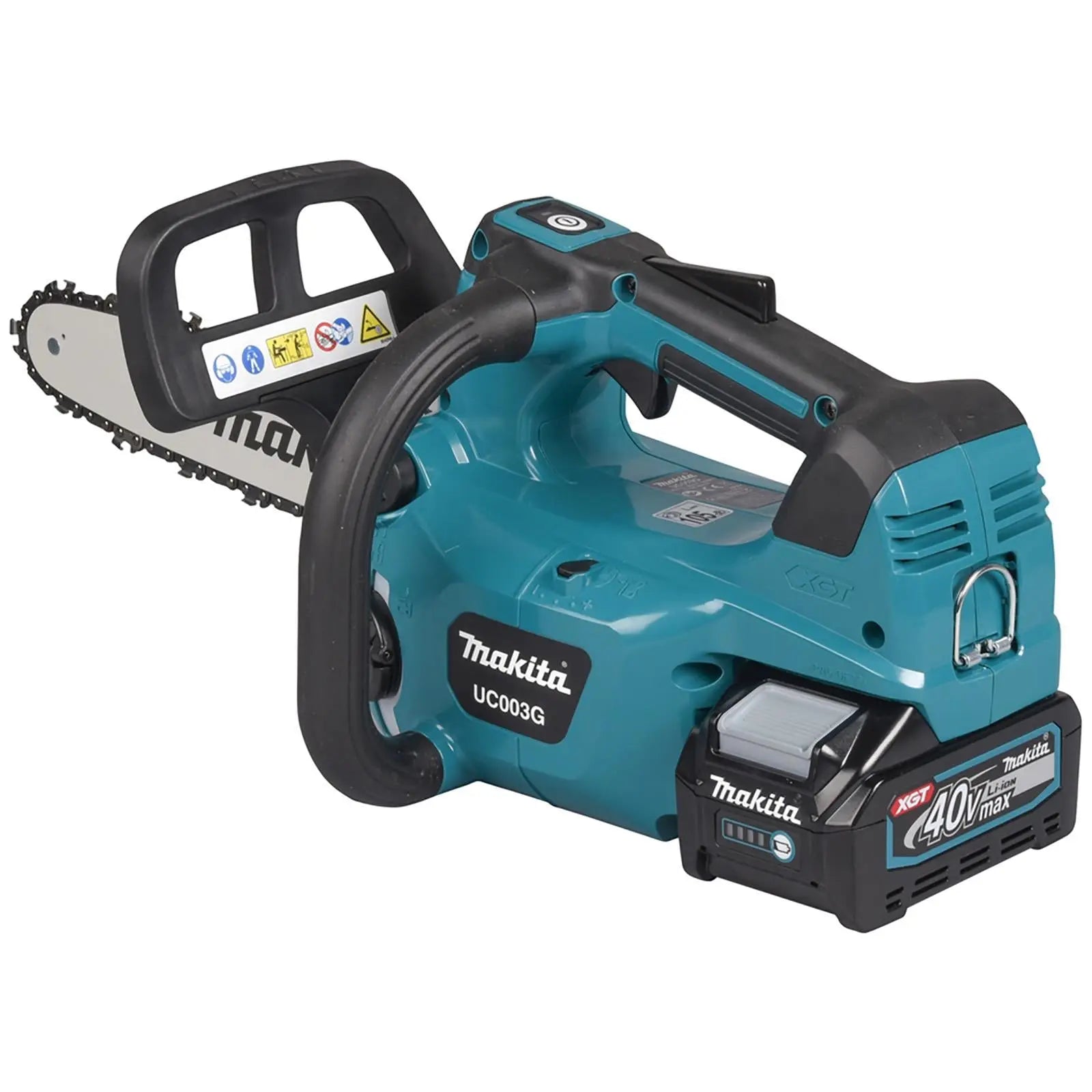 Makita Chainsaw Kit 30cm 12" 40V XGT Brushless Cordless Top Handle 2 x 2.5Ah Battery and Rapid Charger Garden Tree Cutting Pruning UC003GD202  White Rose Tools