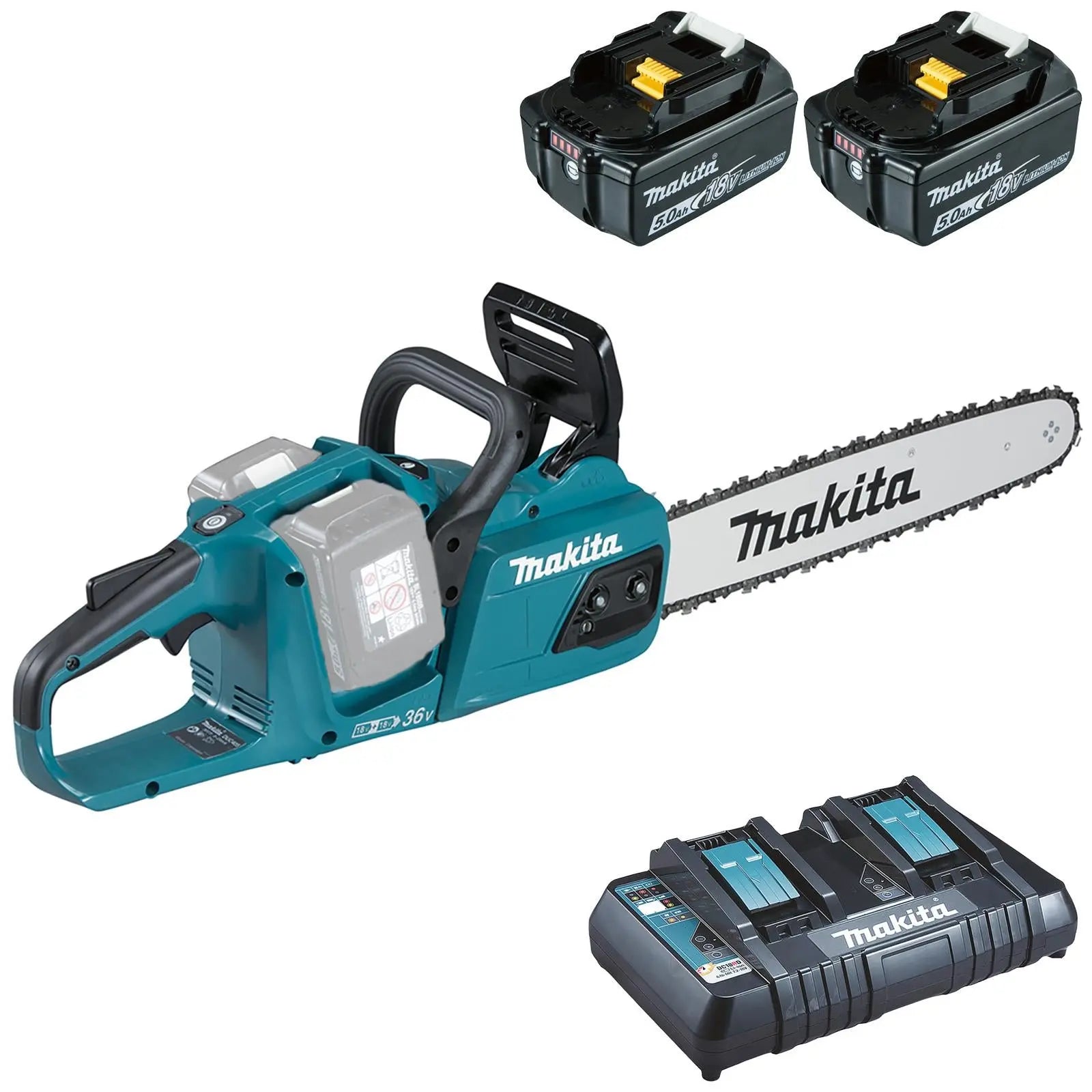 Makita Chainsaw Kit 40cm 16" 18V x 2 LXT Brushless Cordless 2 x 5Ah Battery and Dual Rapid Charger Garden Tree Cutting Pruning DUC405PT2  White Rose Tools