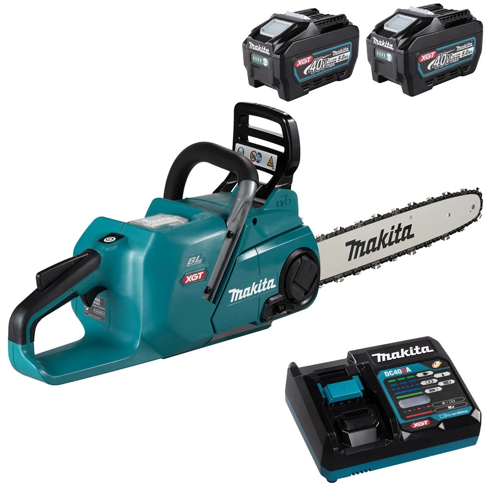 Makita Chainsaw Kit 40cm Heavy Duty 16" 40V XGT Brushless Cordless 2 x 5Ah Battery and Rapid Charger Garden Tree Cutting Pruning UC016GT201  White Rose Tools