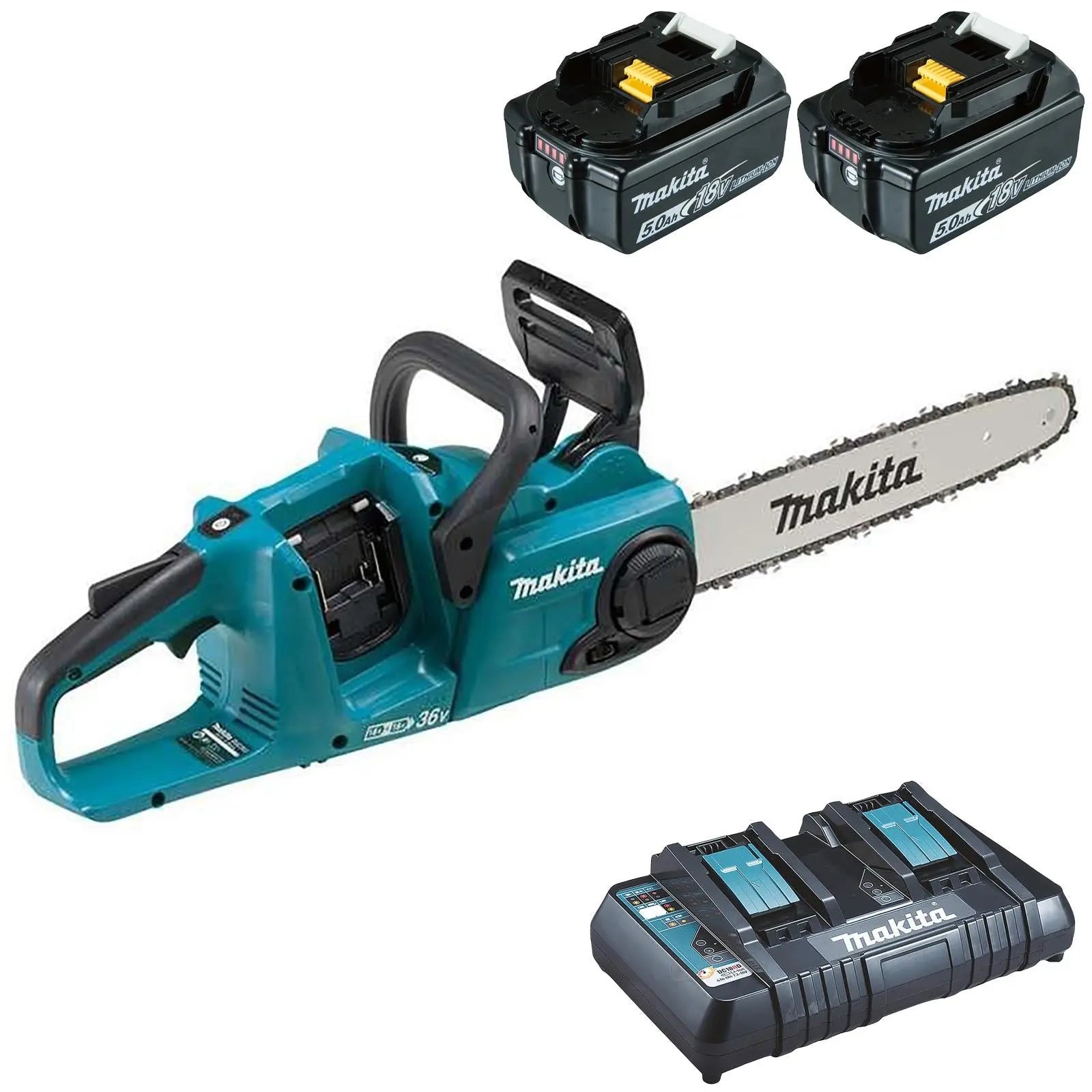 Makita Chainsaw Kit Heavy Duty 35cm 14" 18V x 2 LXT Brushless Cordless 2 x 5Ah Battery and Dual Rapid Charger Garden Tree Cutting Pruning DUC353PT2  White Rose Tools
