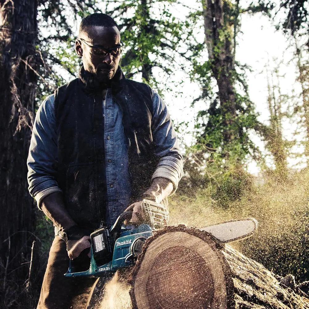 Makita Chainsaw Kit Heavy Duty 35cm 14" 18V x 2 LXT Brushless Cordless 2 x 5Ah Battery and Dual Rapid Charger Garden Tree Cutting Pruning DUC353PT2  White Rose Tools