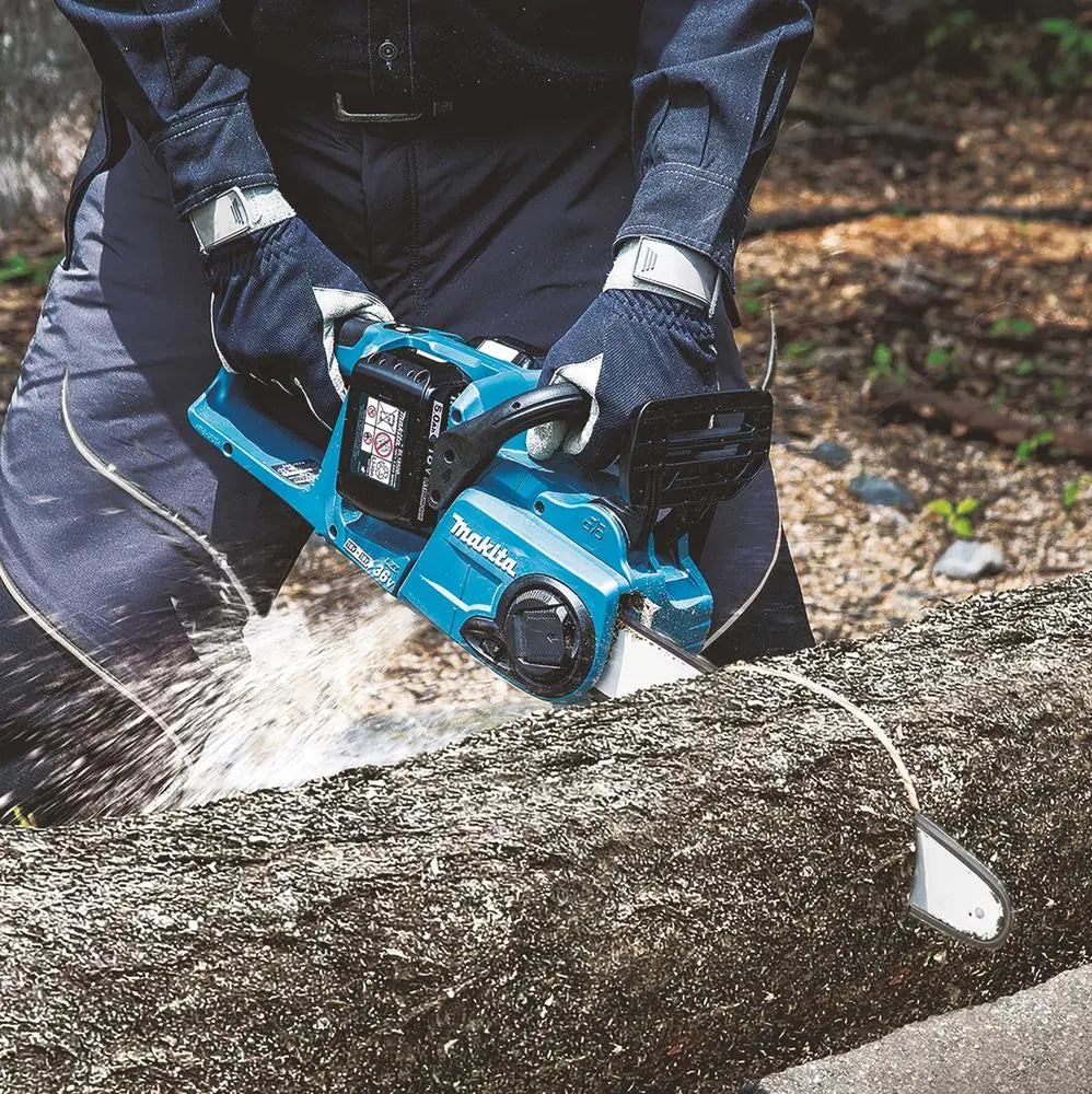 Makita Chainsaw Kit Heavy Duty 35cm 14" 18V x 2 LXT Brushless Cordless 2 x 5Ah Battery and Dual Rapid Charger Garden Tree Cutting Pruning DUC353PT2  White Rose Tools