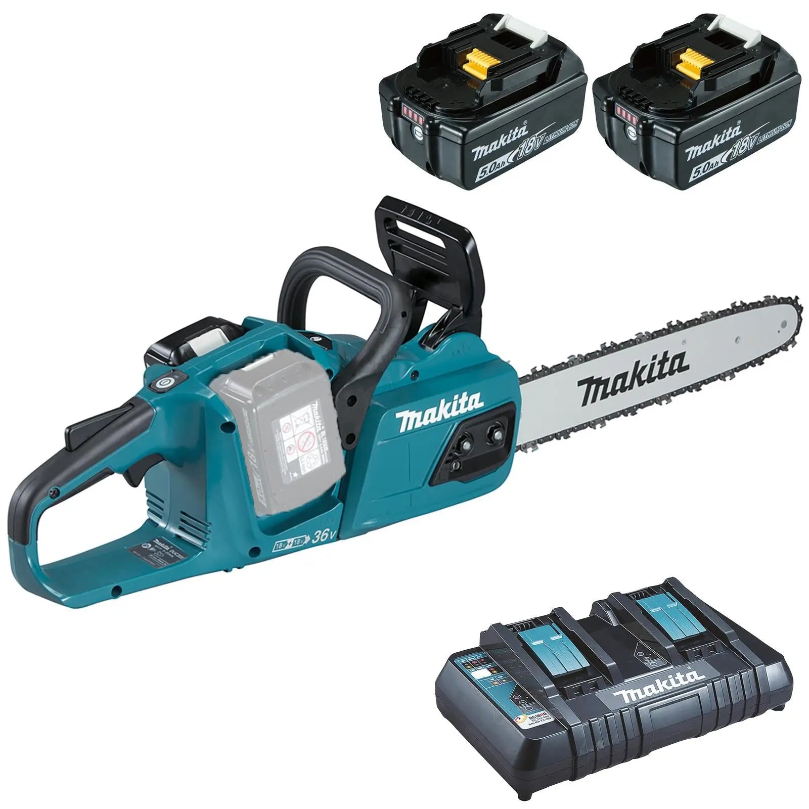 Makita Chainsaw Kit Heavy Duty 35cm 14" 18V x 2 LXT Brushless Cordless 2 x 5Ah Battery and Dual Rapid Charger Garden Tree Cutting Pruning DUC355PT2  White Rose Tools