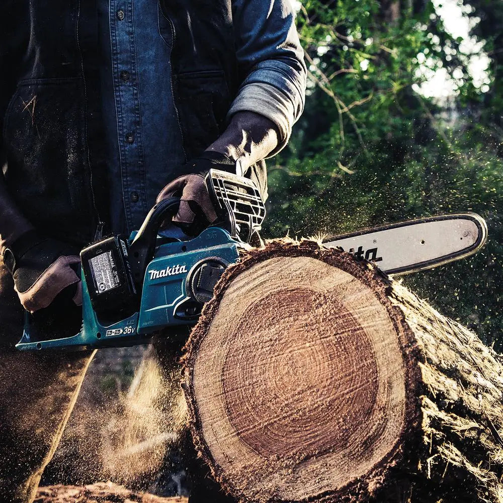 Makita Chainsaw Kit Heavy Duty 35cm 14" 18V x 2 LXT Brushless Cordless 2 x 6Ah Battery and Dual Rapid Charger Garden Tree Cutting Pruning DUC353PG2  White Rose Tools