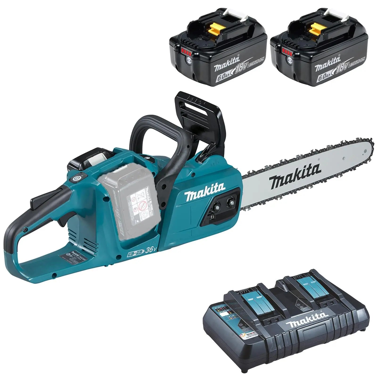 Makita Chainsaw Kit Heavy Duty 35cm 14" 18V x 2 LXT Brushless Cordless 2 x 6Ah Battery and Dual Rapid Charger Garden Tree Cutting Pruning DUC355PG2  White Rose Tools
