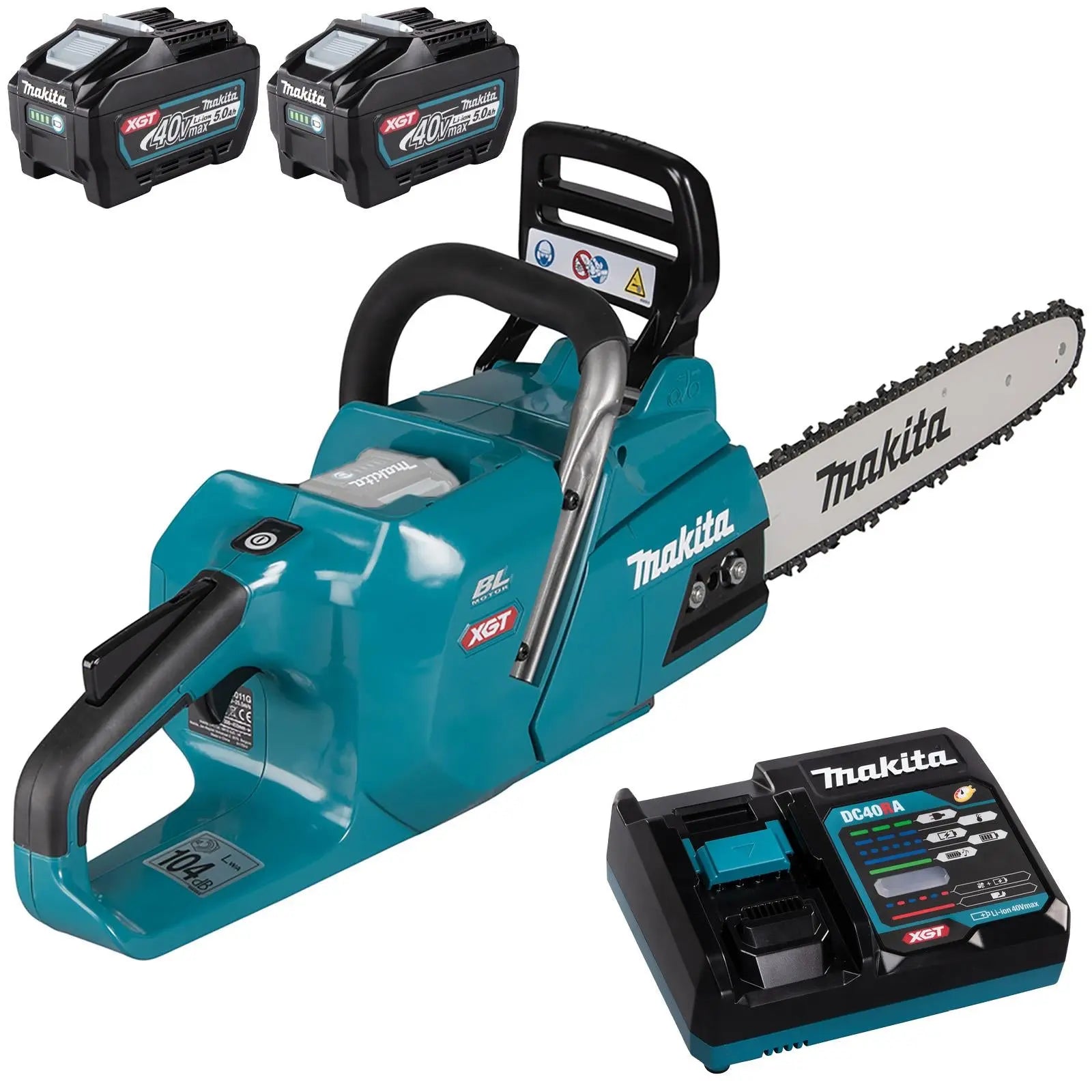 Makita Chainsaw Kit Heavy Duty 35cm 14" 40V XGT Brushless Cordless 2 x 5Ah Battery and Rapid Charger Garden Tree Cutting Pruning UC011GT201  White Rose Tools