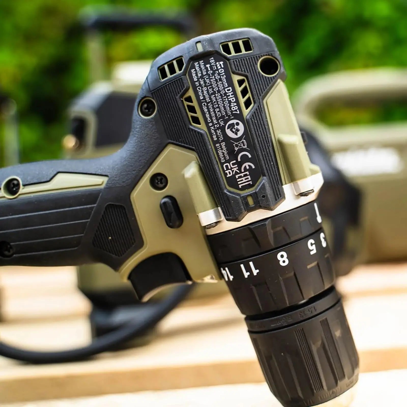 Makita Combi Drill Hammer Driver 18V LXT Li-ion Brushless Cordless Olive Range 1 x 3Ah DHP487FX3O  White Rose Tools