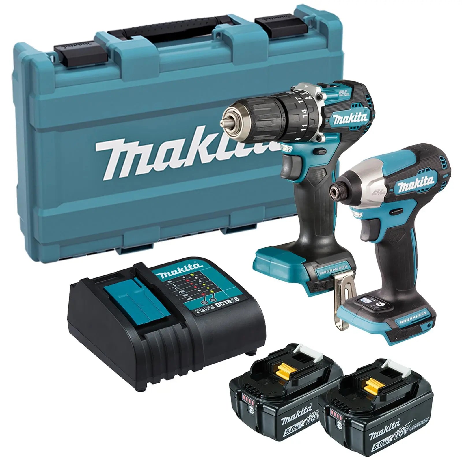 Makita Combi Drill Impact Driver Combo Kit 18V LXT 2 x 5Ah Batteries Charger Case DLX2414ST White Rose Tools