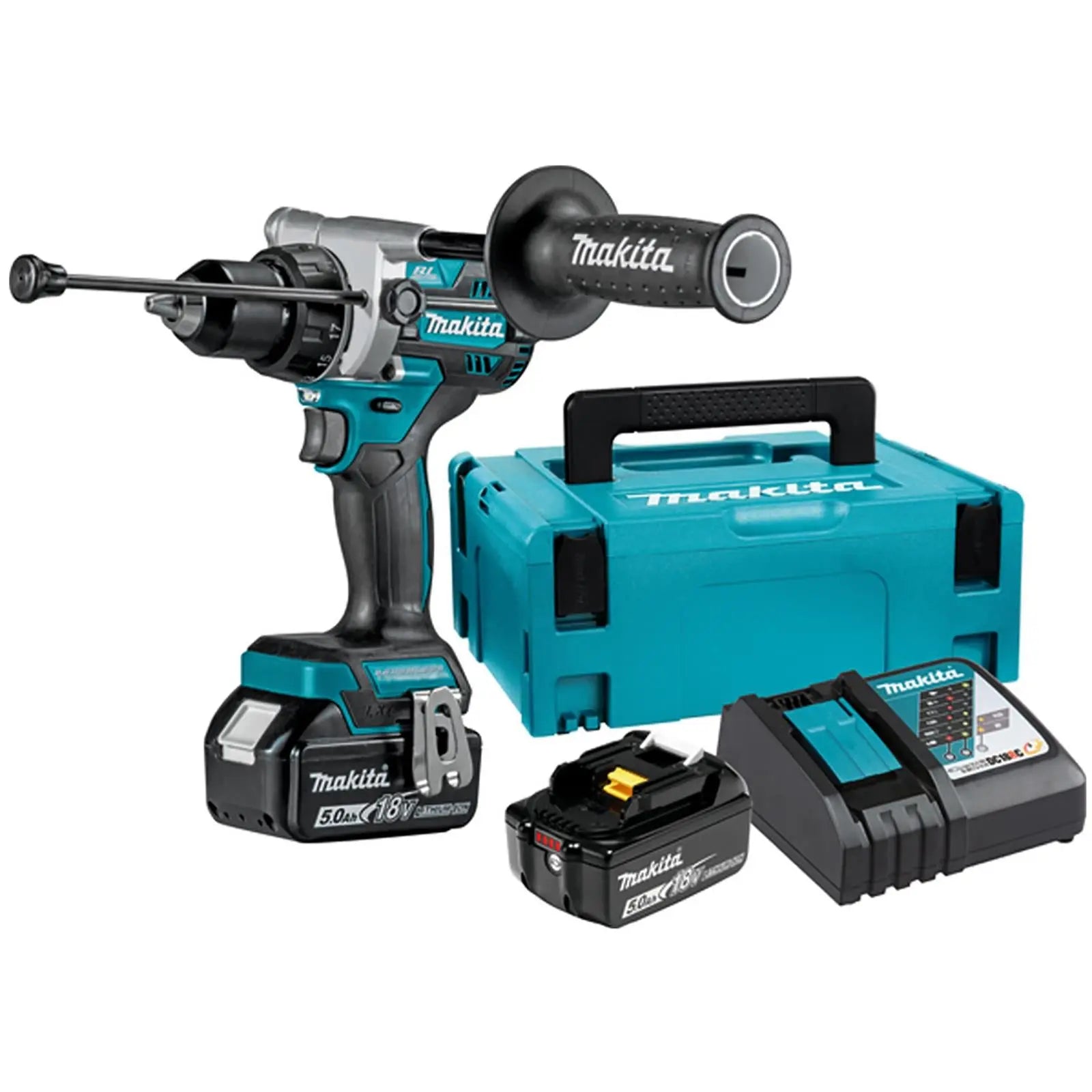 Makita Combi Drill Kit 18V LXT Brushless Li-ion 2 x 5Ah Charger Type 2 Case DHP486RTJ White Rose Tools