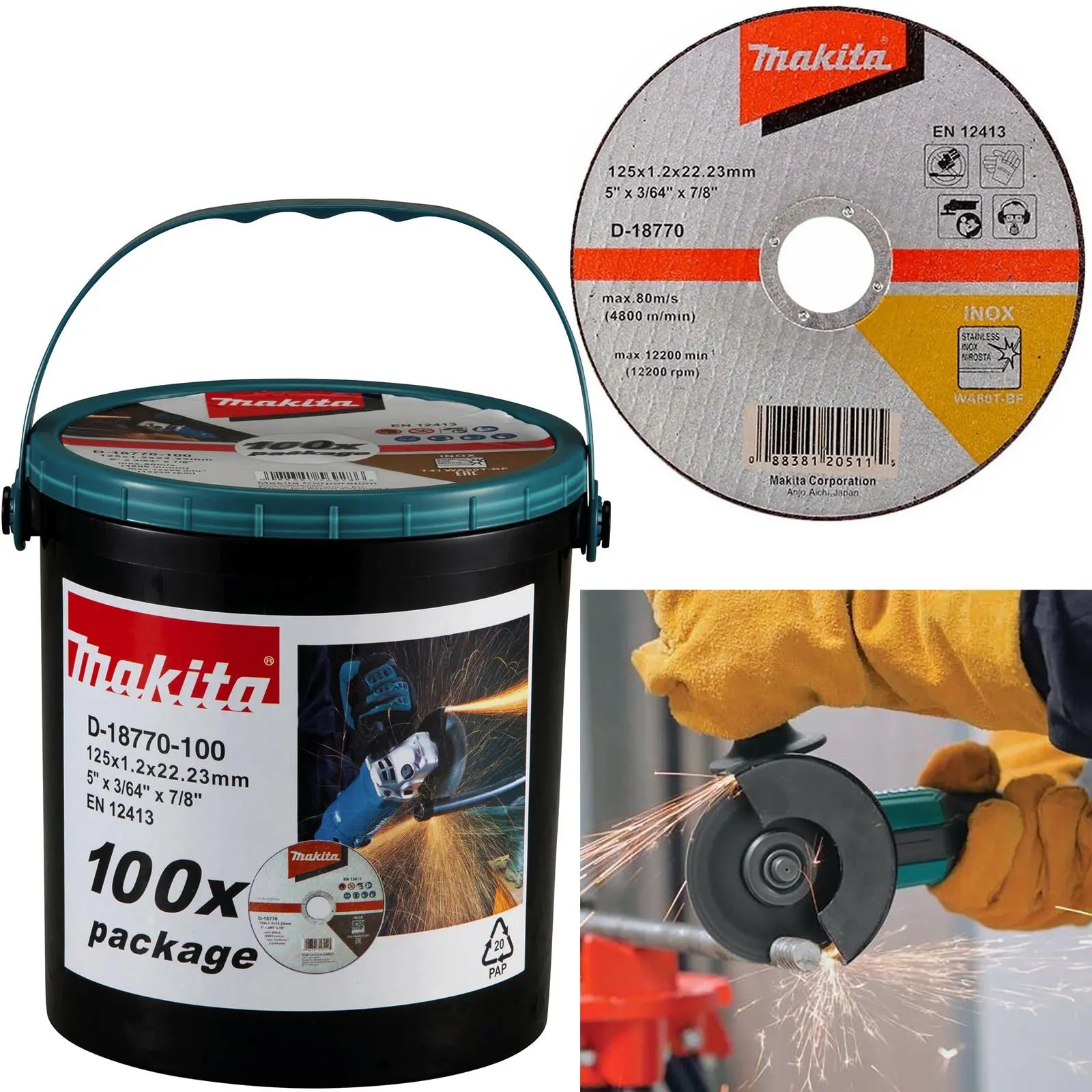 Makita Cutting Discs Slitting Cut Off Wheel for Angle Grinder 125mm x 1.2mm 100 Piece Bucket White Rose Tools