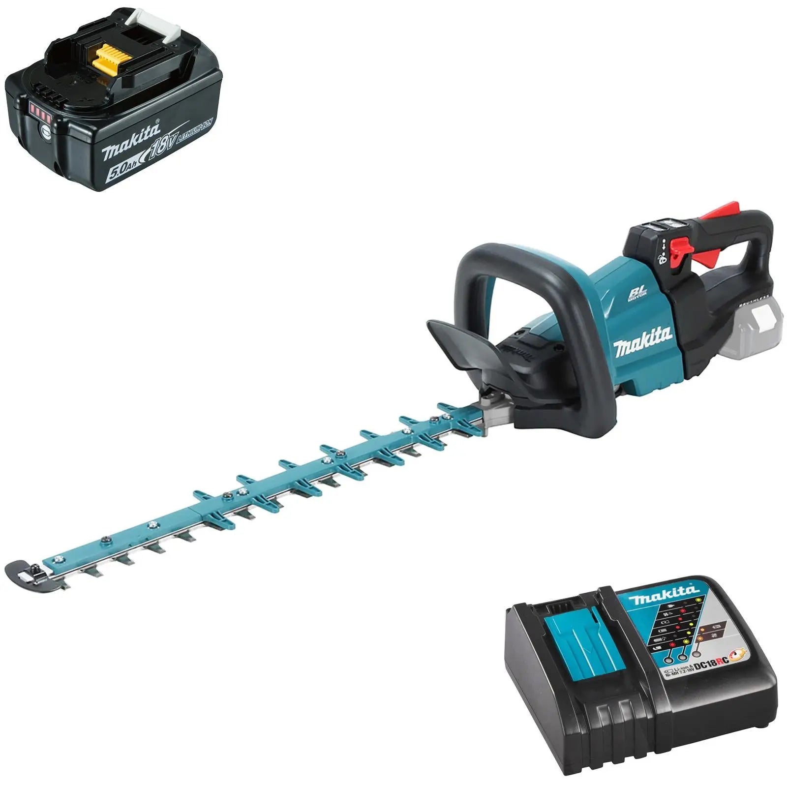 Makita Hedge Trimmer Kit 50cm 18V LXT Li-ion Brushless Cordless 5Ah Battery and Charger Garden Bush Cutter Cutting DUH502RT  White Rose Tools