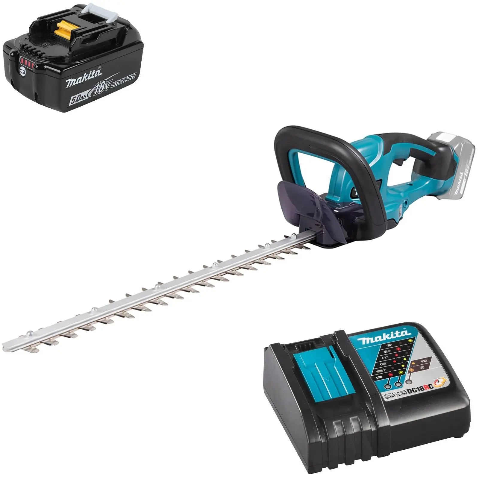 Makita Hedge Trimmer Kit 50cm 18V LXT Li-ion Cordless 5Ah Battery and Charger Garden Bush Cutter Cutting DUH507RT  White Rose Tools