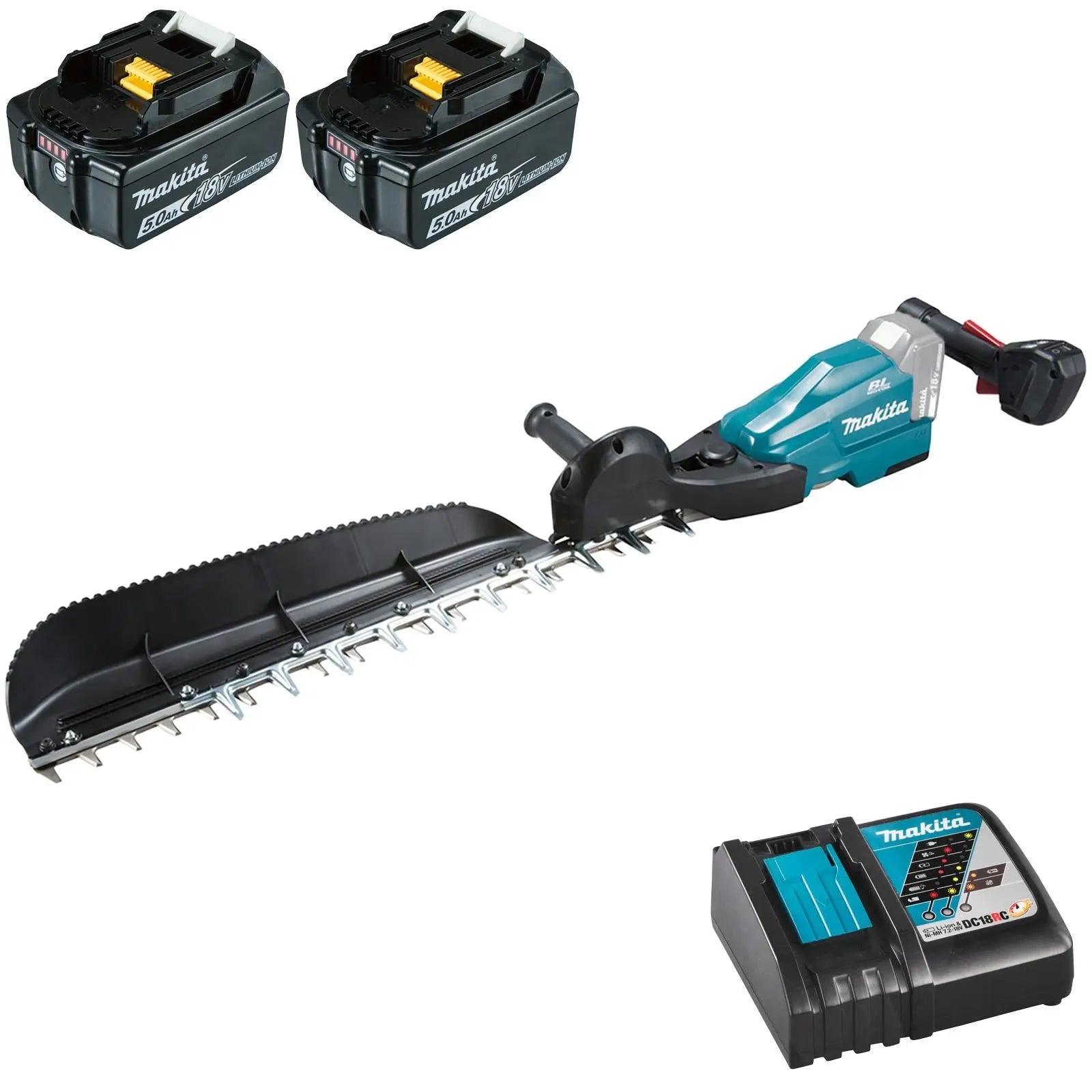 Makita Hedge Trimmer Kit 60cm 18V LXT Li-ion Brushless Cordless 2 x 5Ah Battery and Charger Garden Bush Cutter Cutting DUH604SRT  White Rose Tools