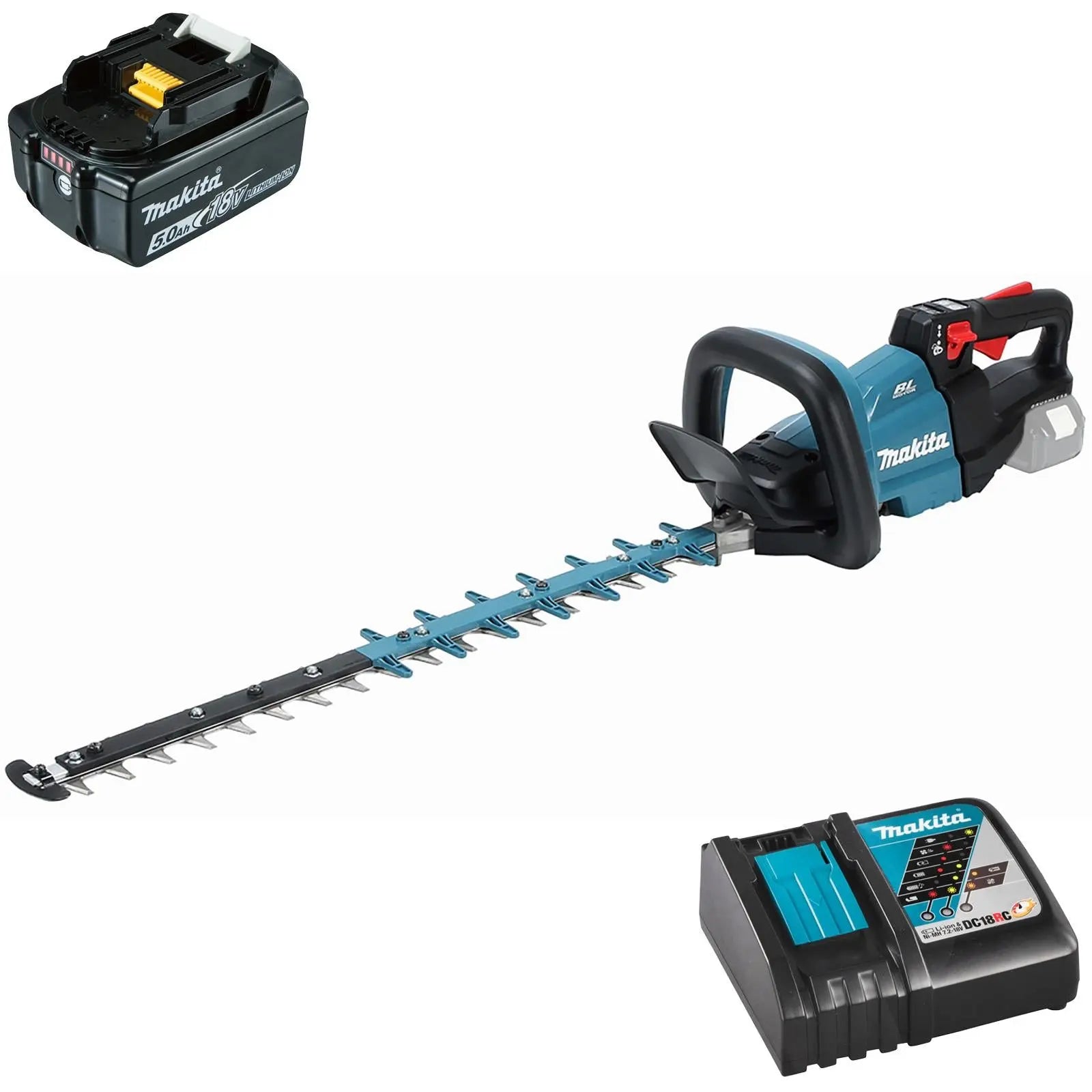 Makita Hedge Trimmer Kit 60cm 18V LXT Li-ion Brushless Cordless 5Ah Battery and Charger Garden Bush Cutter Cutting DUH601RT  White Rose Tools