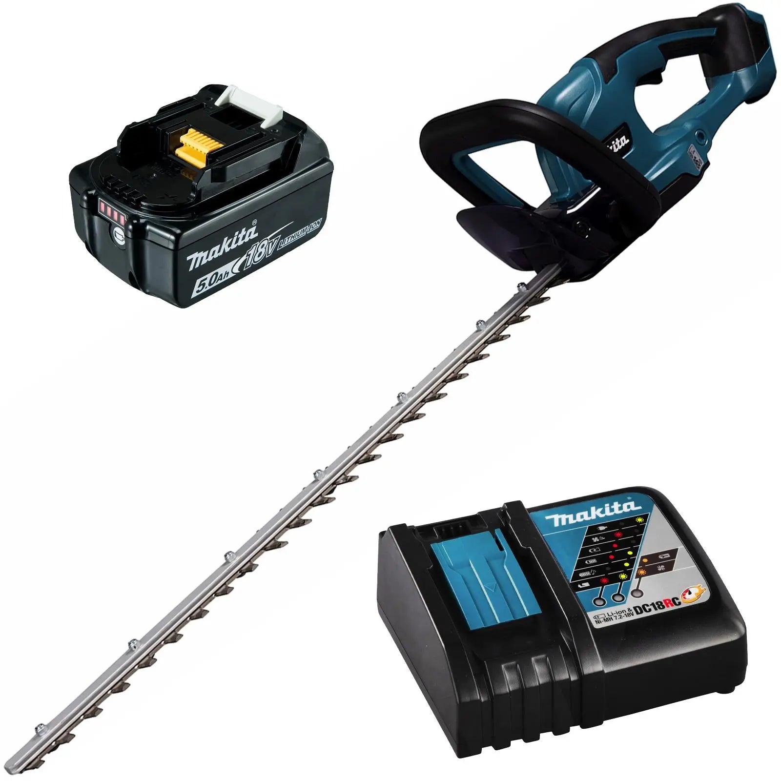 Makita Hedge Trimmer Kit 60cm 18V LXT Li-ion Brushless Cordless 5Ah Battery and Charger Garden Bush Cutter Cutting DUH607RT  White Rose Tools