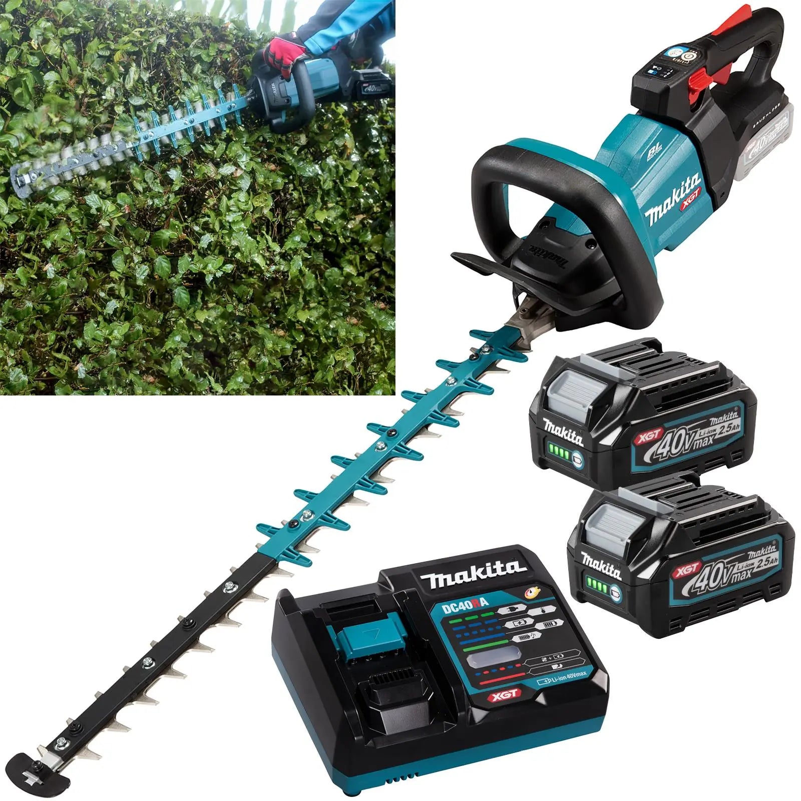 Makita Hedge Trimmer Kit 60cm 40V XGT Li-ion Brushless Cordless 2 x 2.5Ah Battery and Rapid Charger Garden Bush Cutter Cutting UH004GD201  White Rose Tools