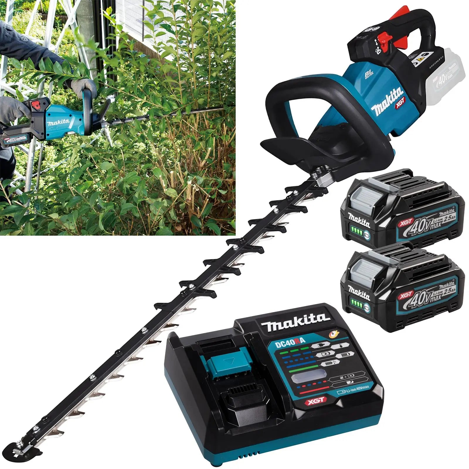 Makita Hedge Trimmer Kit 60cm 40V XGT Li-ion Brushless Cordless 2 x 2.5Ah Battery and Rapid Charger Garden Bush Cutter Cutting UH006GD201  White Rose Tools