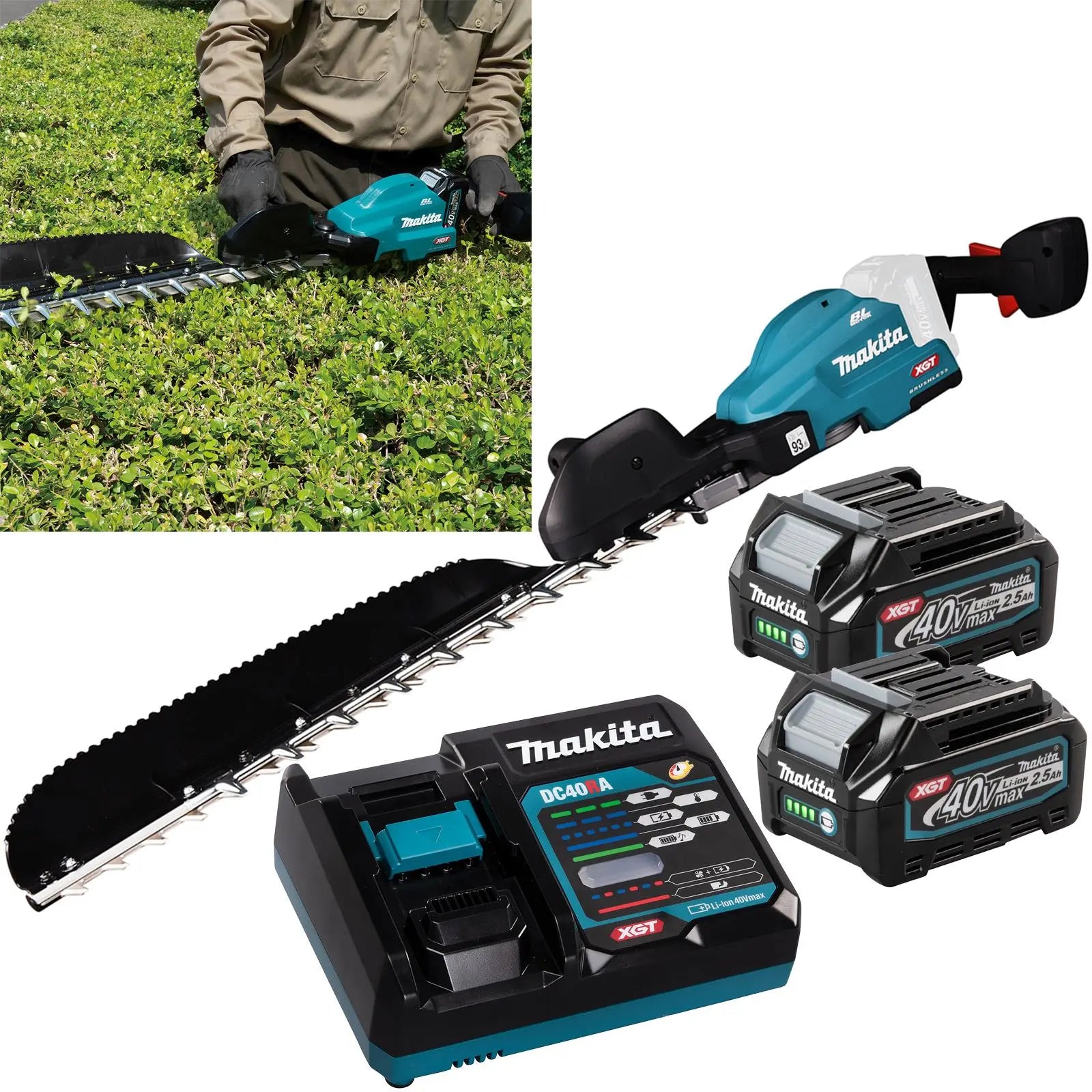 Makita Hedge Trimmer Kit 60cm 40V XGT Li-ion Brushless Cordless 2 x 2.5Ah Battery and Rapid Charger Garden Bush Cutter Cutting UH013GD202  White Rose Tools