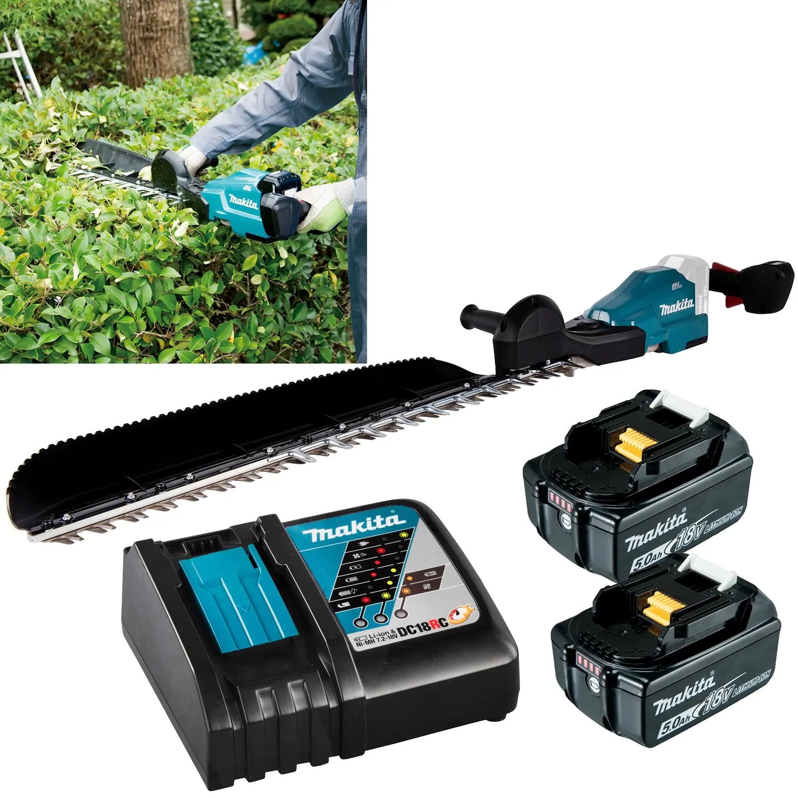 Makita Hedge Trimmer Kit 75cm 18V LXT Li-ion Brushless Cordless 2 x 5Ah Battery and Charger Garden Bush Cutter Cutting DUH754SRT  White Rose Tools