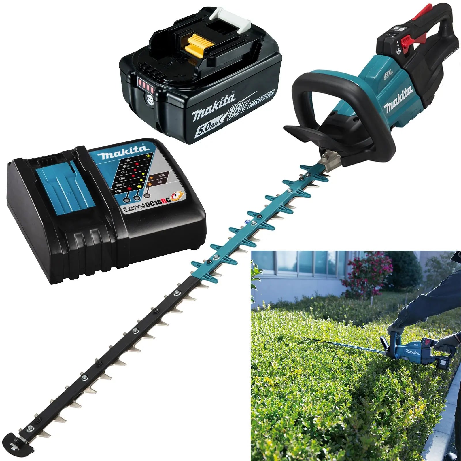 Makita Hedge Trimmer Kit 75cm 18V LXT Li-ion Brushless Cordless 5Ah Battery and Charger Garden Bush Cutter Cutting DUH751RT  White Rose Tools