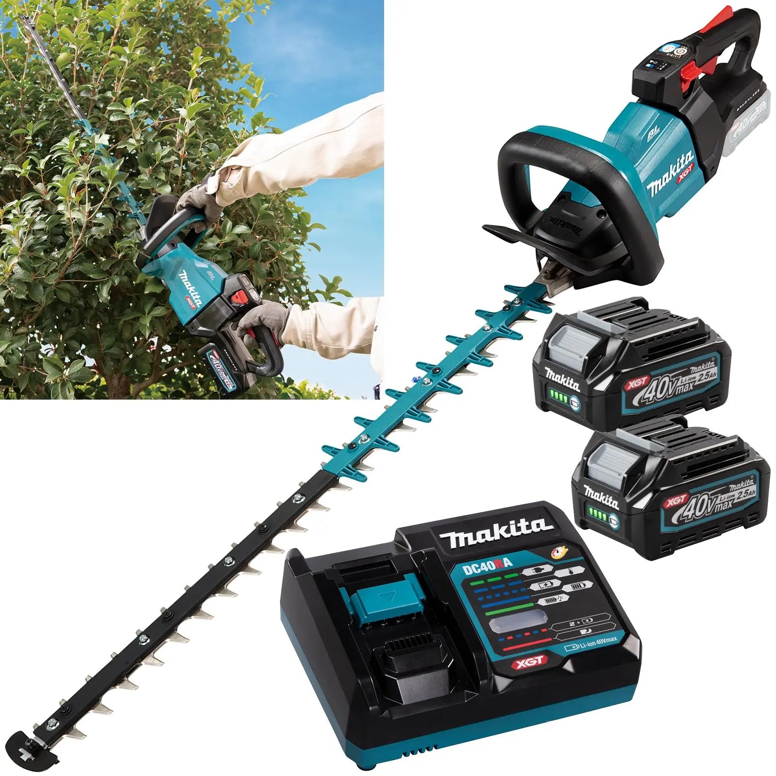 Makita Hedge Trimmer Kit 75cm 40V XGT Li-ion Brushless Cordless 2 x 2.5Ah Battery and Rapid Charger Garden Bush Cutter Cutting UH005GD201  White Rose Tools