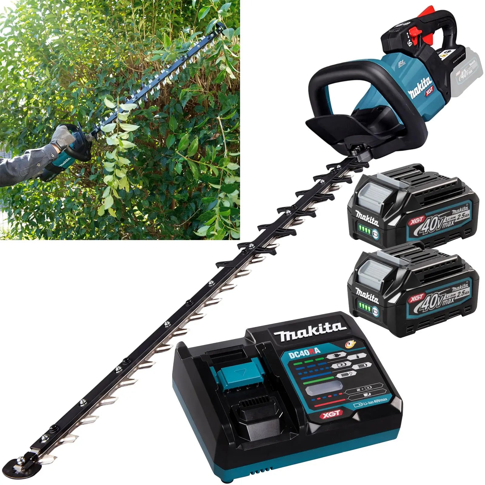 Makita Hedge Trimmer Kit 75cm 40V XGT Li-ion Brushless Cordless 2 x 2.5Ah Battery and Rapid Charger Garden Bush Cutter Cutting UH007GD201  White Rose Tools