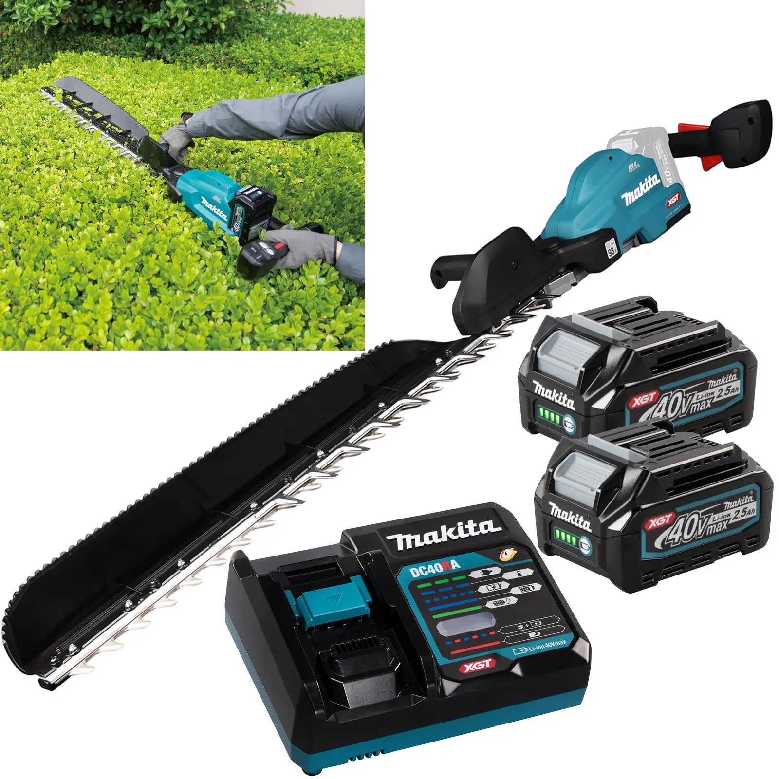 Makita Hedge Trimmer Kit 75cm 40V XGT Li-ion Brushless Cordless 2 x 2.5Ah Battery and Rapid Charger Garden Bush Cutter Cutting UH014GD202  White Rose Tools