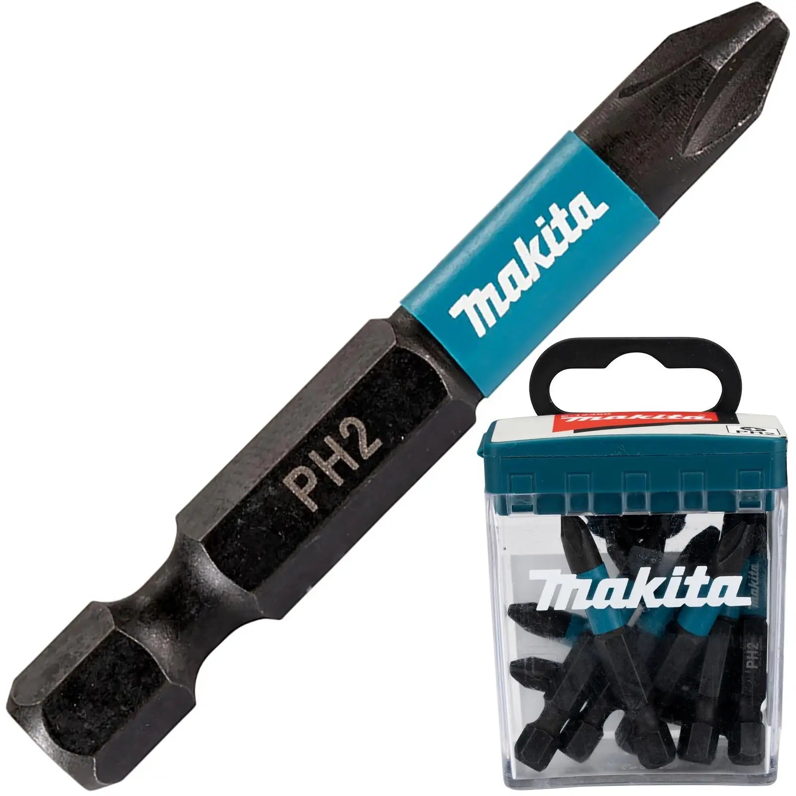 Makita Impact Screwdriver Bits Black Phillips PH2 x 50mm 10 Piece Set Tic Tac Box E-12407 White Rose Tools