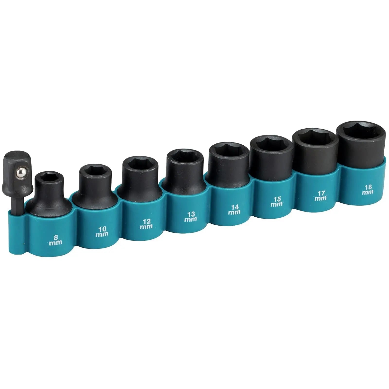 Makita Impact Socket Set 1/2" Drive 8-18mm with 1/4" Hex to 1/2" Drive Adaptor for Impact Driver 9 Piece White Rose Tools