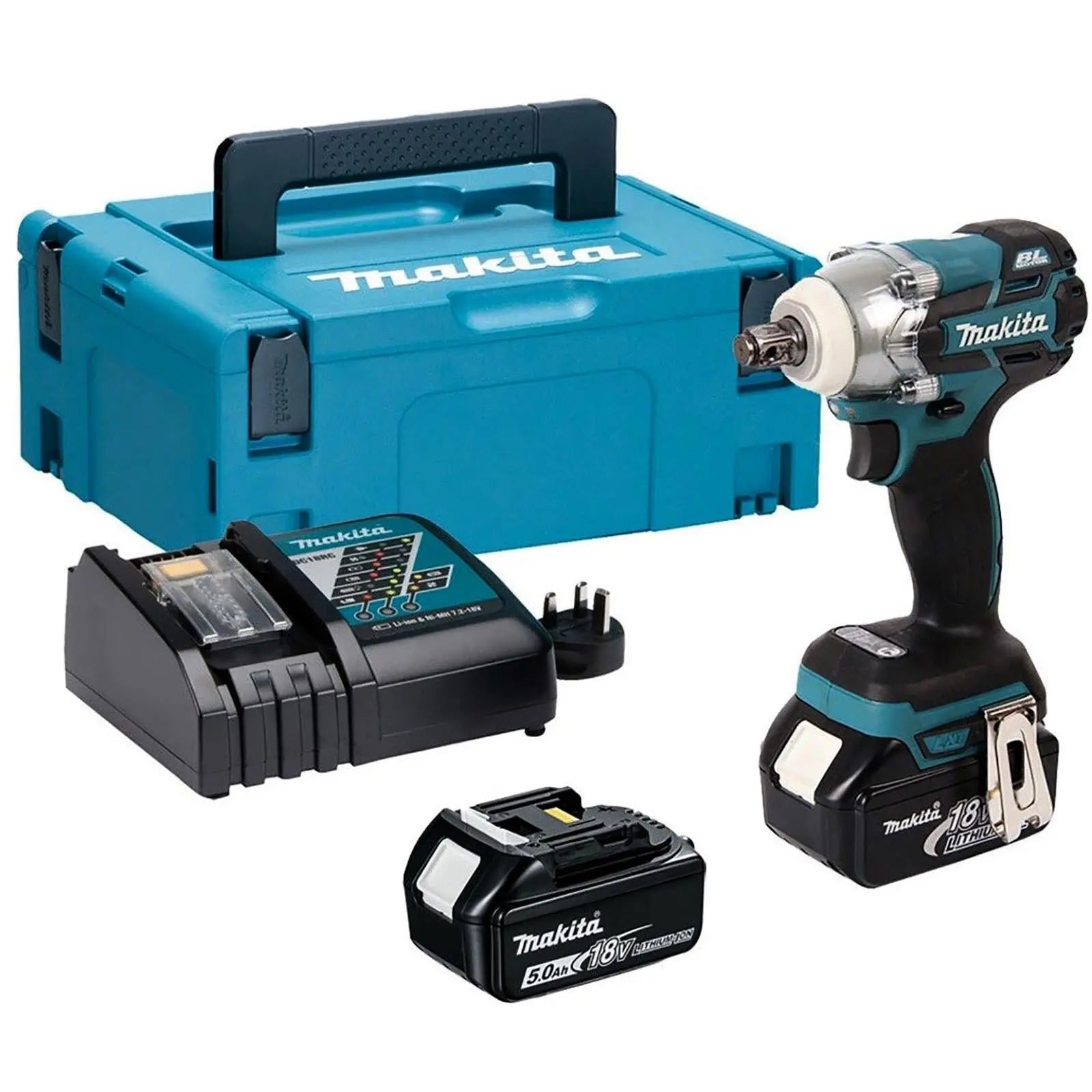 Makita Impact Wrench 1/2" Drive 18V LXT Brushless Li-ion 2 x 5Ah Charger Type 2 Case DTW285RTJ White Rose Tools