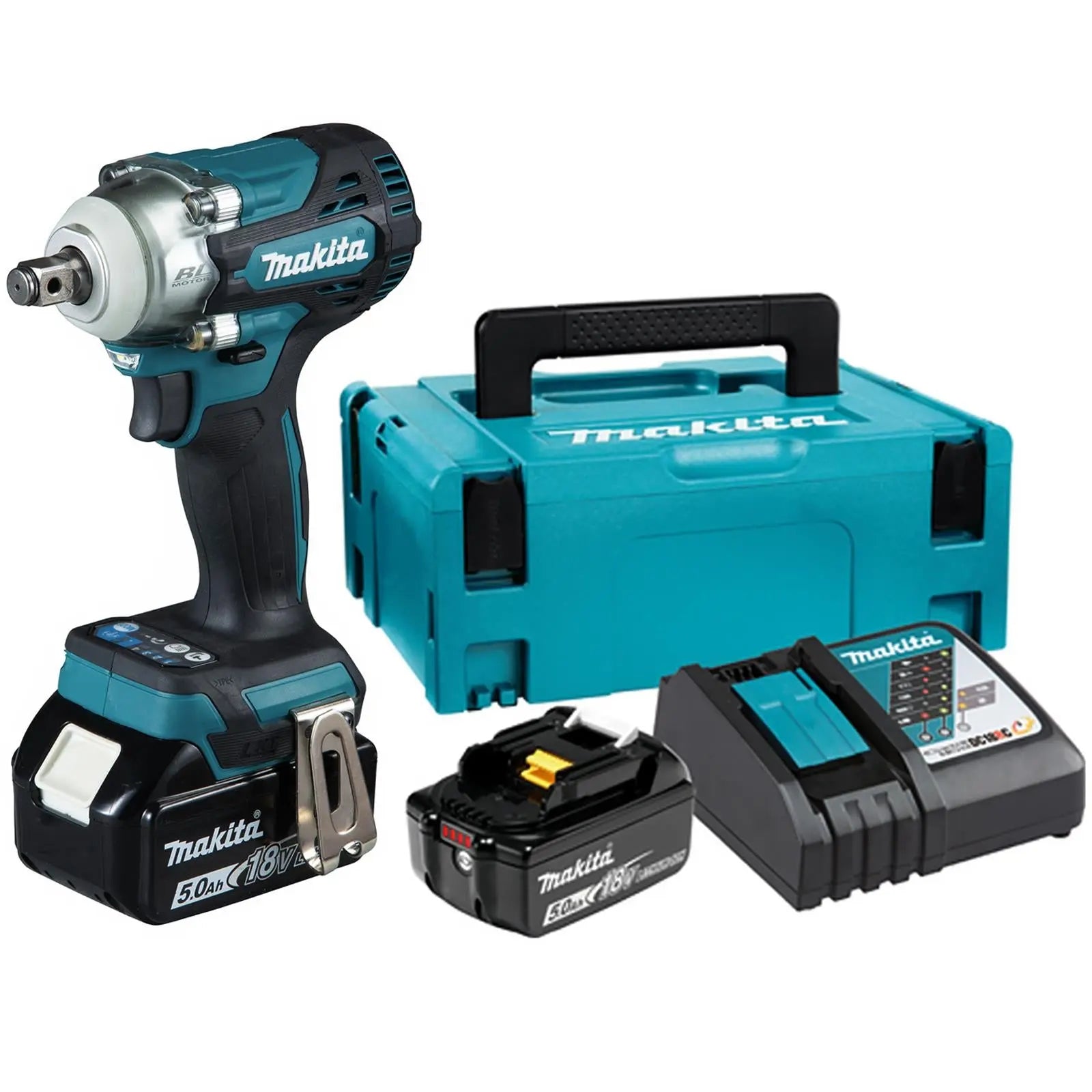Makita Impact Wrench 1/2" Drive 18V LXT Brushless Li-ion 2 x 5Ah Charger Type 2 Case DTW300RTJ White Rose Tools