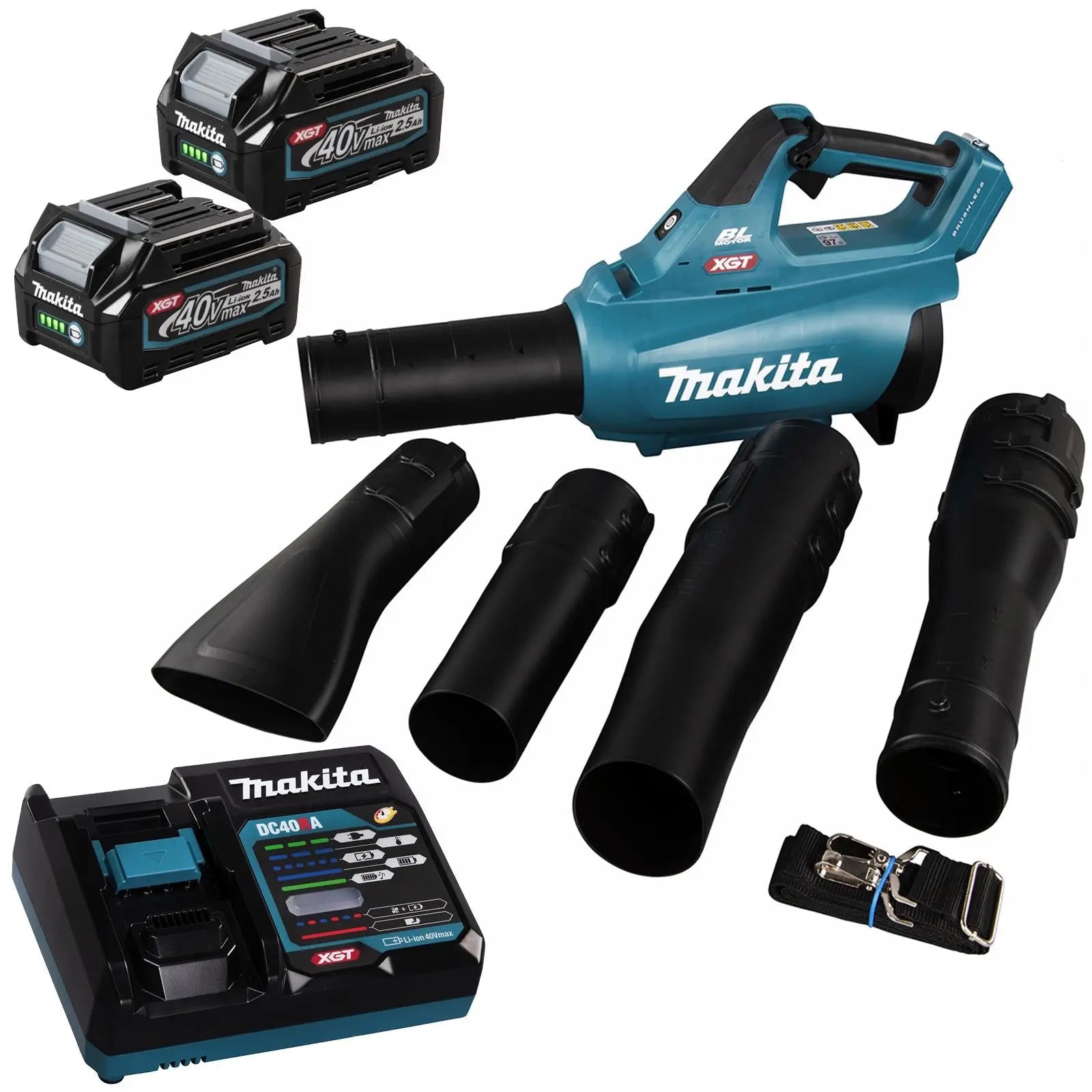 Makita Leaf Blower 40V XGT Brushless Cordless 2 x 2.5Ah Battery and Rapid Charger 17N Garden Grass Clippings Construction UB001GD202  White Rose Tools