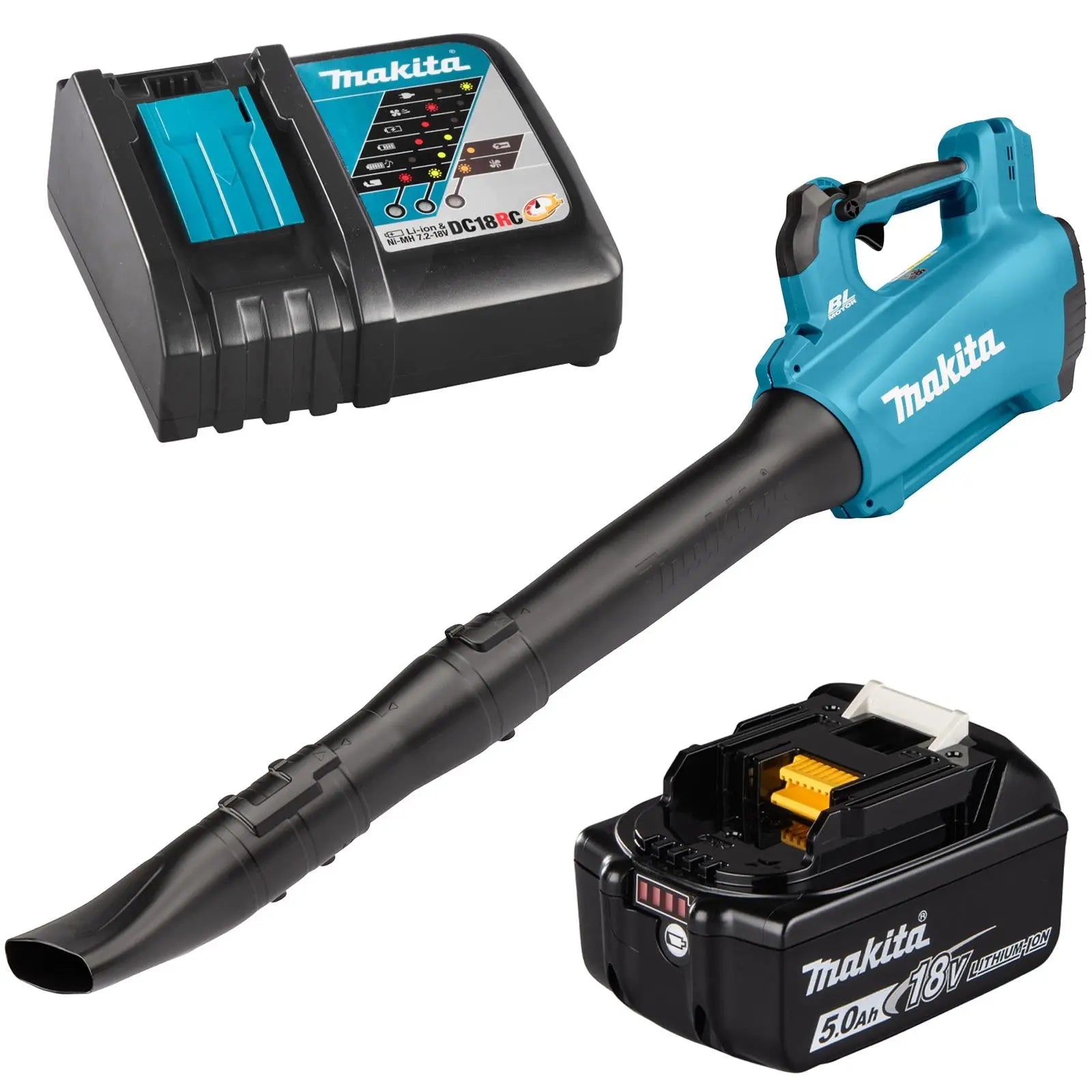 Makita Leaf Blower Kit 18V LXT 5Ah Battery and Charger Brushless Cordless 10.9N Garden Grass Clippings Construction DUB184RT  White Rose Tools