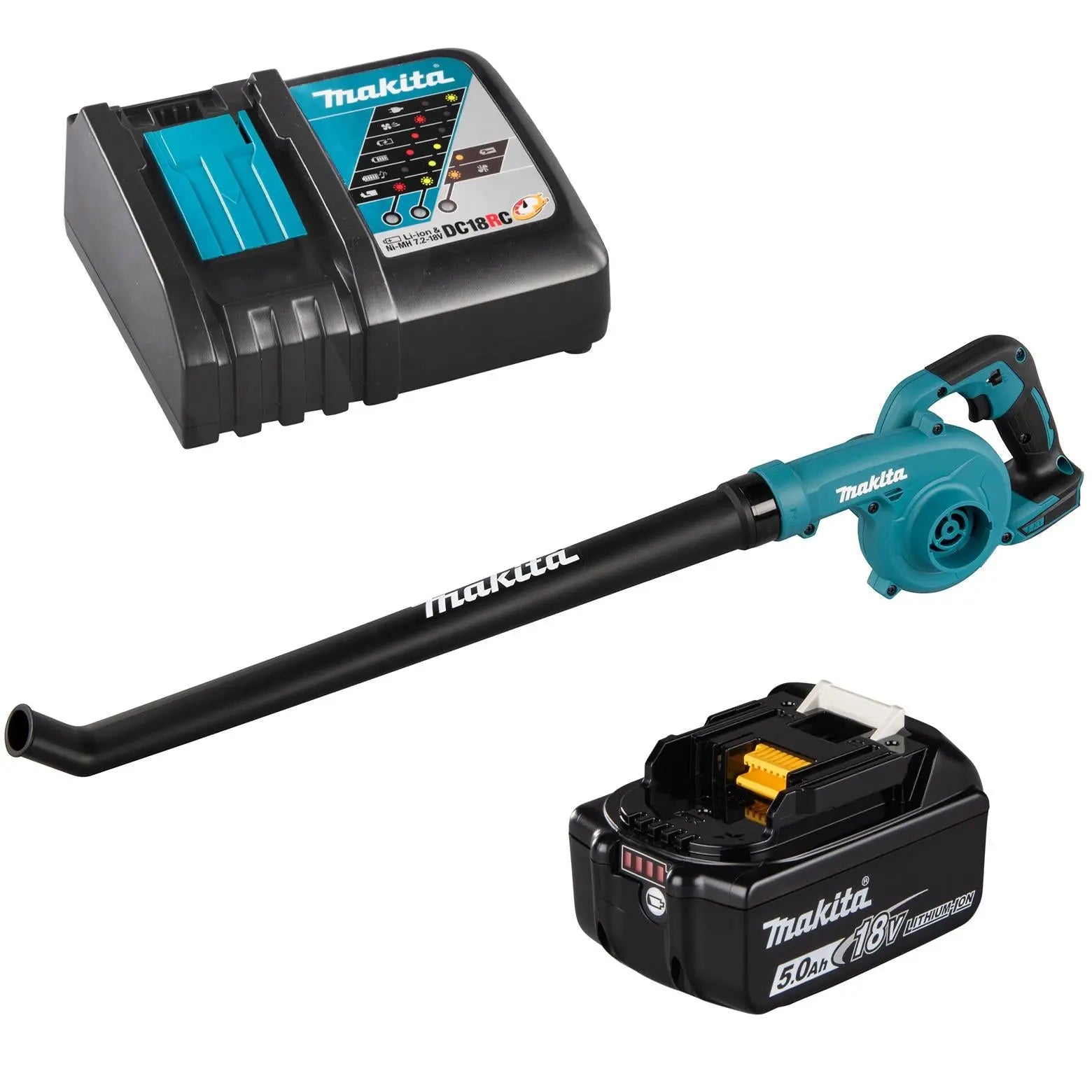 Makita Leaf Blower Kit 18V LXT 5Ah Battery and Charger Cordless 2.5N Long Tube Garden Grass Clippings Construction DUB186RT  White Rose Tools