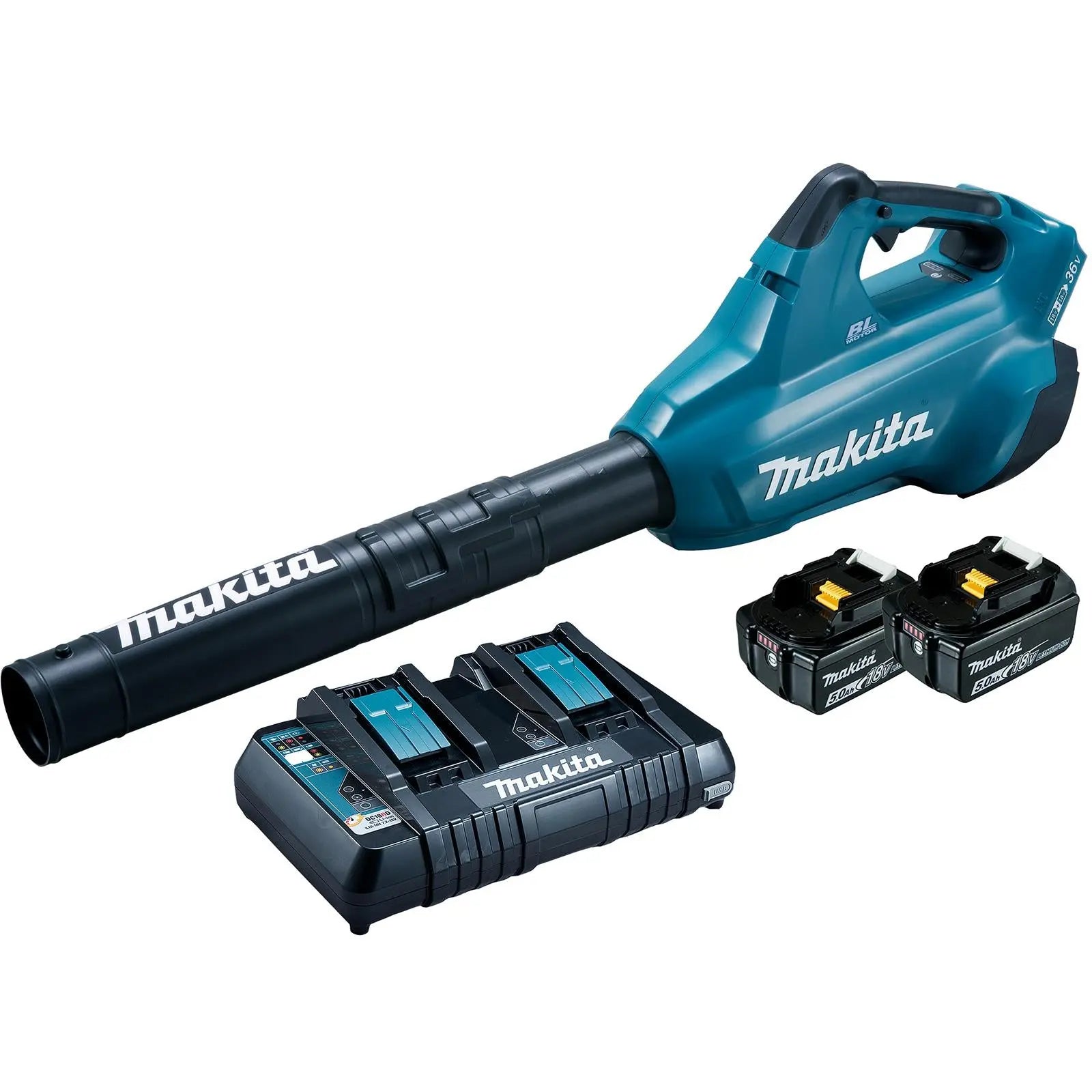 Makita Leaf Blower Kit 18V x 2 LXT Brushless Cordless 2 x 5Ah Battery and Dual Rapid Charger 14.4N Garden Grass Clippings Construction DUB362PT2  White Rose Tools