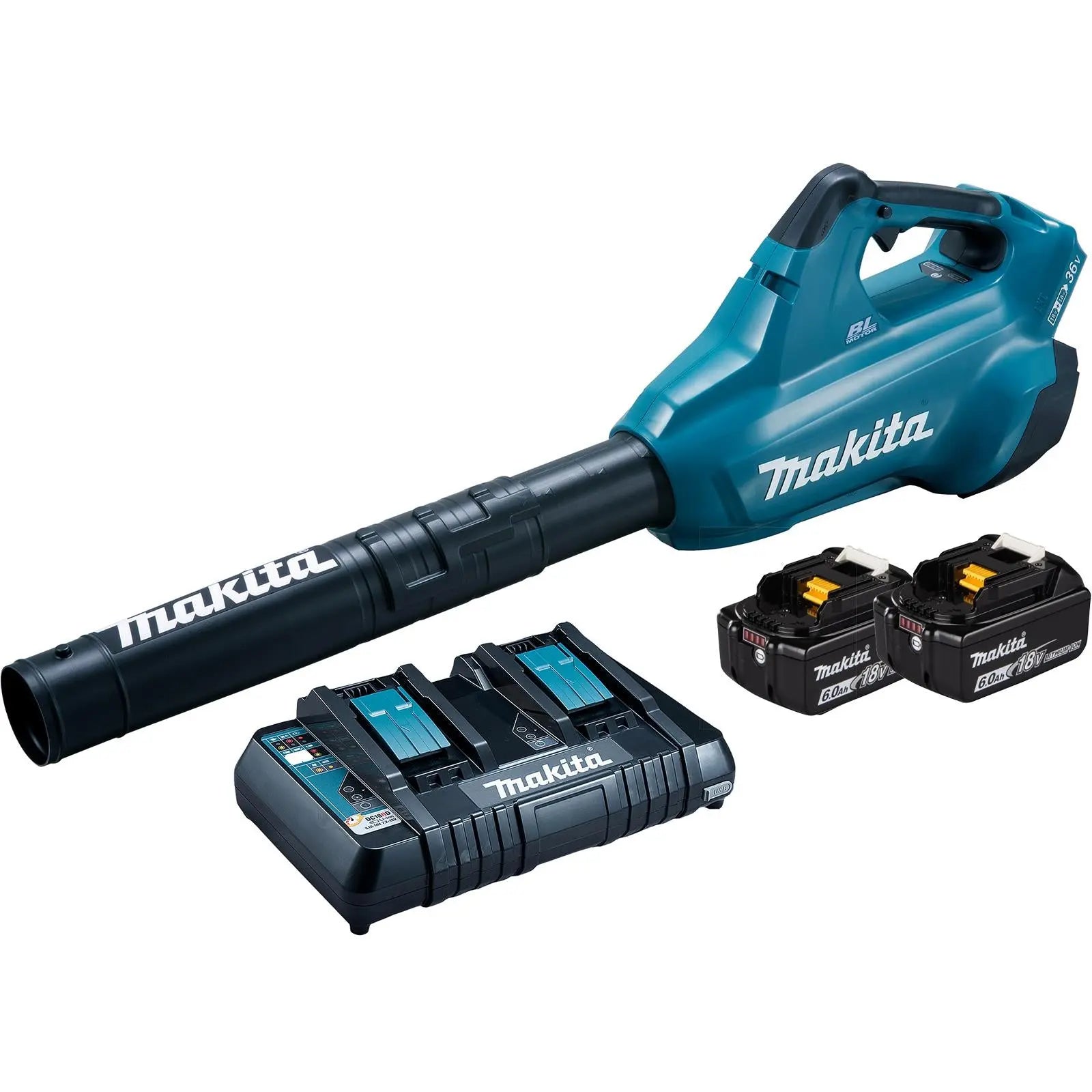 Makita Leaf Blower Kit 18V x 2 LXT Brushless Cordless 2 x 6Ah Battery and Dual Rapid Charger 14.4N Garden Grass Clippings Construction DUB362PG2  White Rose Tools