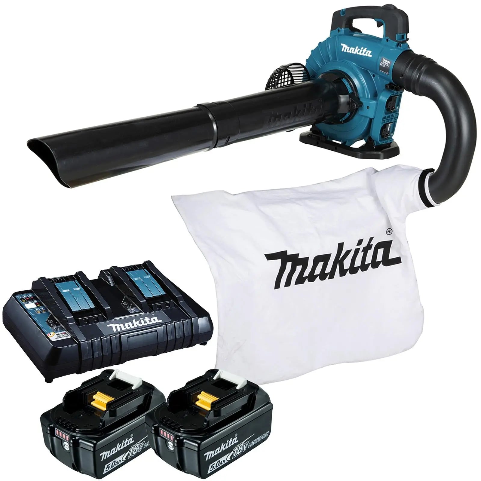 Makita Leaf Blower Vacuum Kit 18V x 2 LXT Brushless Cordless 2 x 5Ah Battery and Dual Rapid Charger 14.4N Garden Grass Clippings Construction DUB363PT2V  White Rose Tools