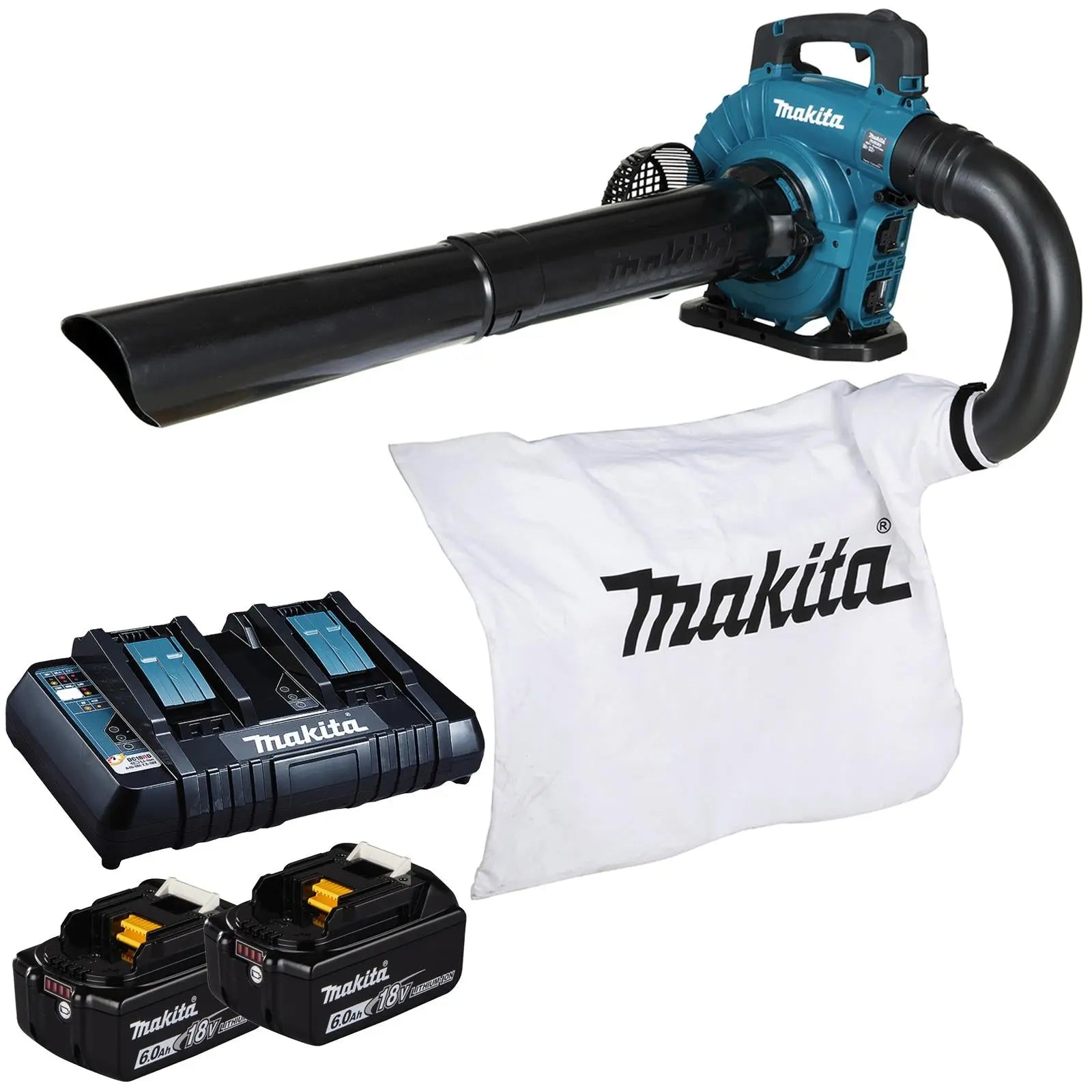 Makita Leaf Blower Vacuum Kit 18V x 2 LXT Brushless Cordless 2 x 6Ah Battery and Dual Rapid Charger 14.4N Garden Grass Clippings Construction DUB363PG2V  White Rose Tools