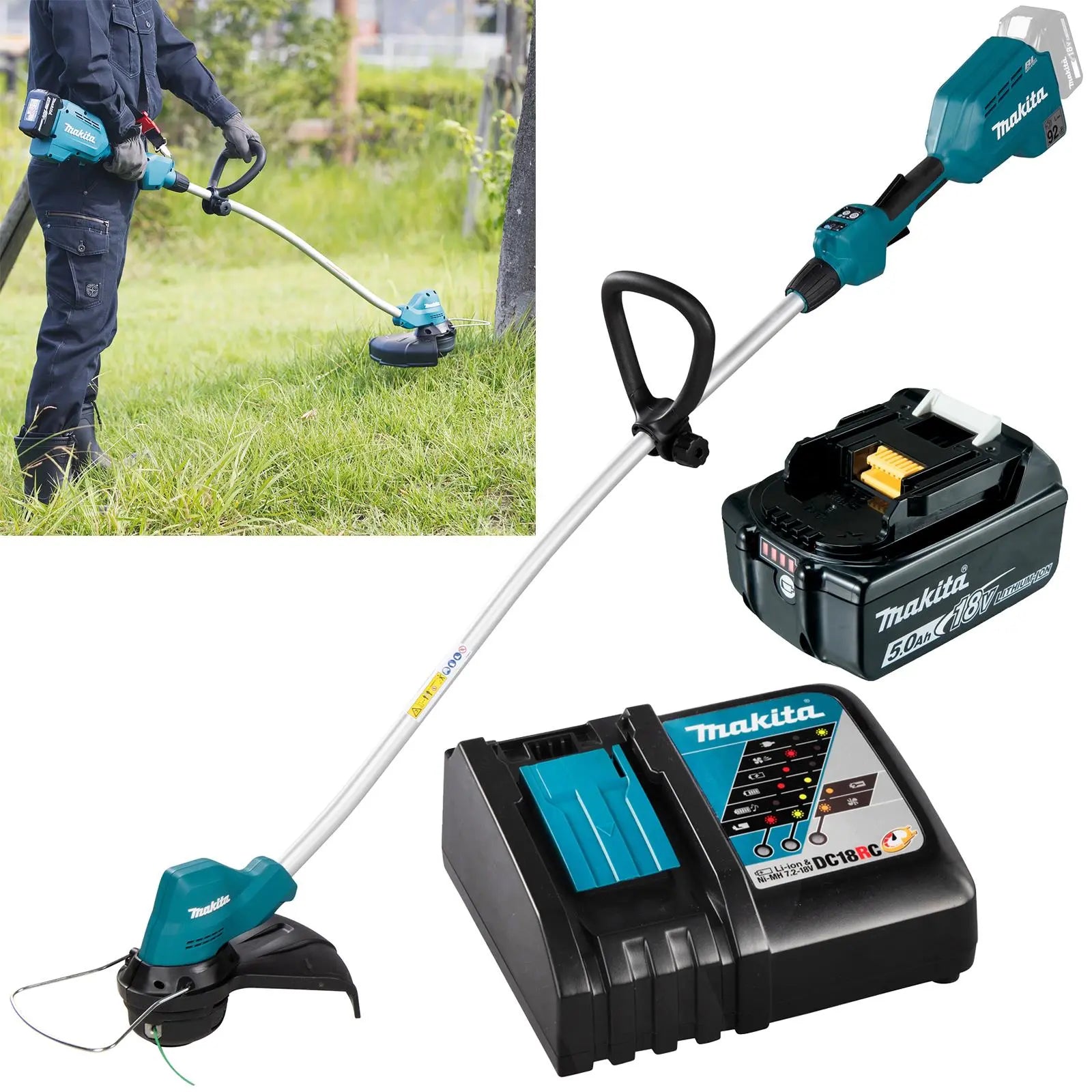 Makita Line Trimmer Strimmer Kit 18V LXT Brushless Cordless Garden Lawn Strimming 5Ah Battery and Charger DUR189RT  White Rose Tools