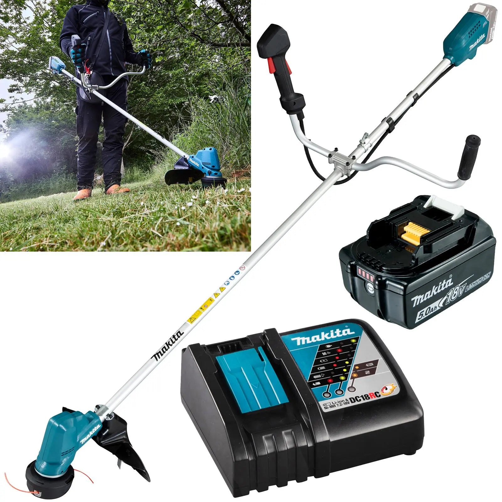 Makita Line Trimmer Strimmer Kit 18V LXT Brushless Cordless Garden Lawn Strimming 5Ah Battery and Charger DUR190URT8  White Rose Tools