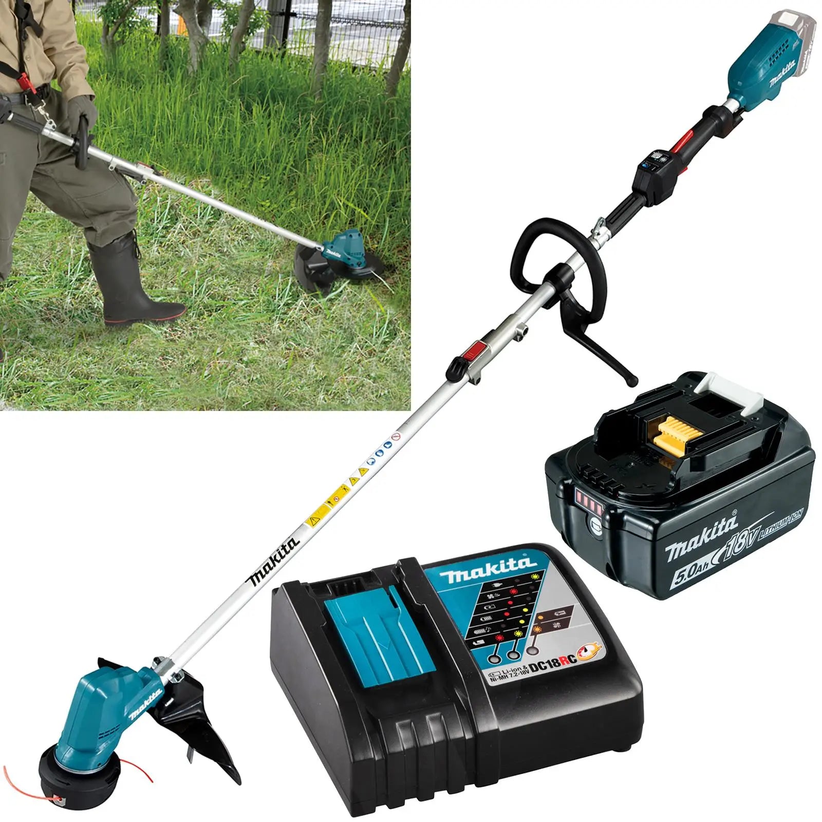 Makita Line Trimmer Strimmer Kit 18V LXT Brushless Cordless Garden Lawn Strimming 5Ah Battery and Charger DUR191LRT8  White Rose Tools