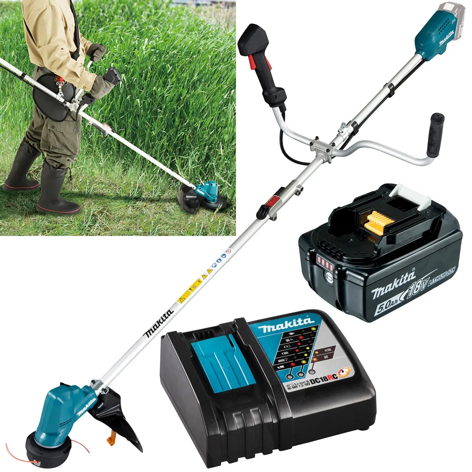 Makita Line Trimmer Strimmer Kit 18V LXT Brushless Cordless Garden Lawn Strimming 5Ah Battery and Charger DUR191URT8  White Rose Tools