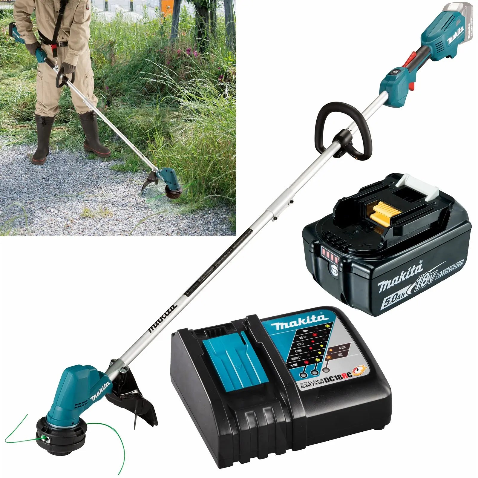 Makita Line Trimmer Strimmer Kit 18V LXT Brushless Cordless Garden Lawn Strimming 5Ah Battery and Charger DUR192LRT  White Rose Tools