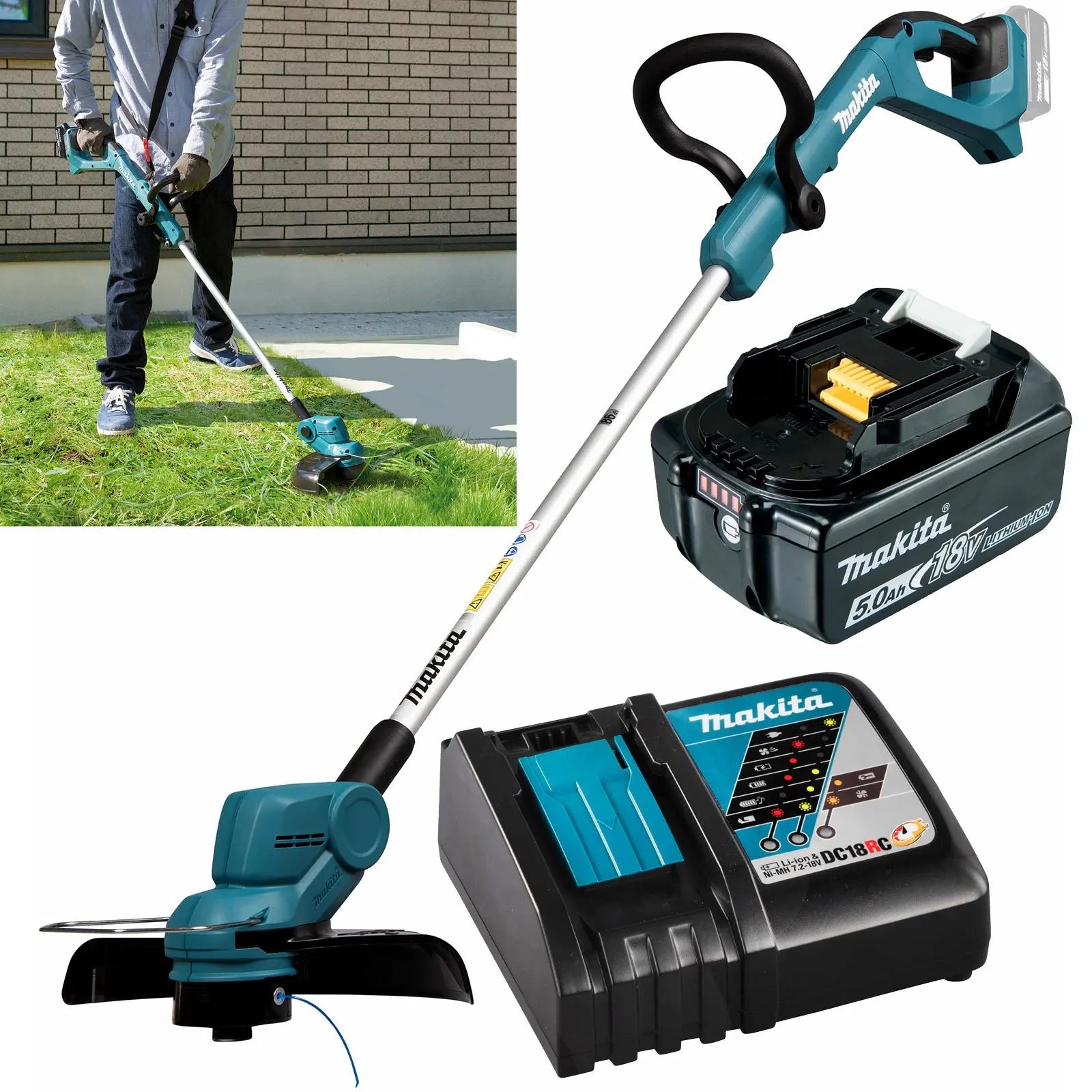 Makita Line Trimmer Strimmer Kit 18V LXT Telescopic Shaft Cordless Garden Lawn Strimming 5Ah Battery and Charger DUR193RT  White Rose Tools