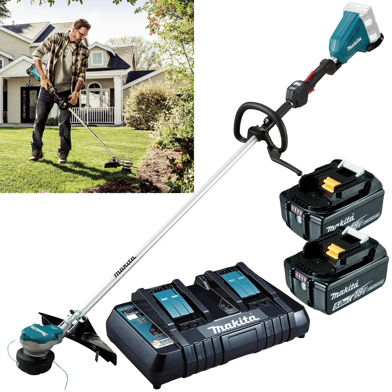 Makita Line Trimmer Strimmer Kit 2 x 18V LXT Brushless Cordless Garden Lawn Strimming 2 x 5Ah Battery and Dual Rapid Charger DUR368LPT2  White Rose Tools
