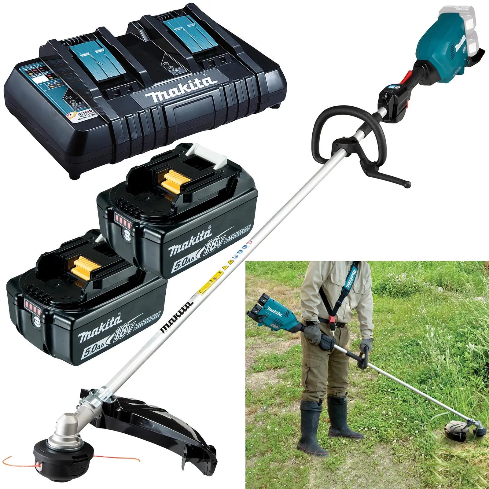 Makita Line Trimmer Strimmer Kit 2 x 18V LXT Brushless Cordless Garden Lawn Strimming 2 x 5Ah Battery and Dual Rapid Charger DUR369LPT2  White Rose Tools