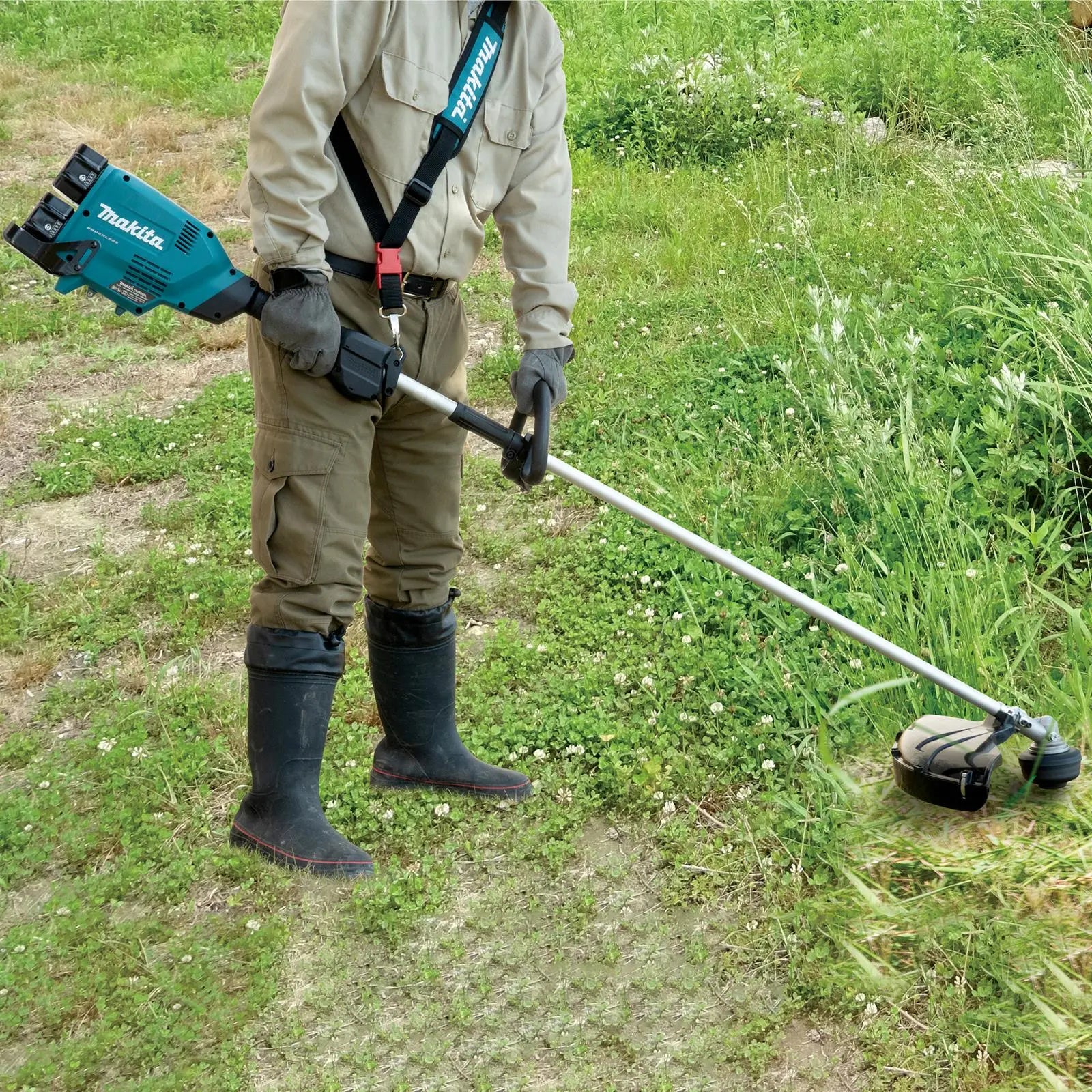 Makita Line Trimmer Strimmer Kit 2 x 18V LXT Brushless Cordless Garden Lawn Strimming 2 x 5Ah Battery and Dual Rapid Charger DUR369LPT2  White Rose Tools